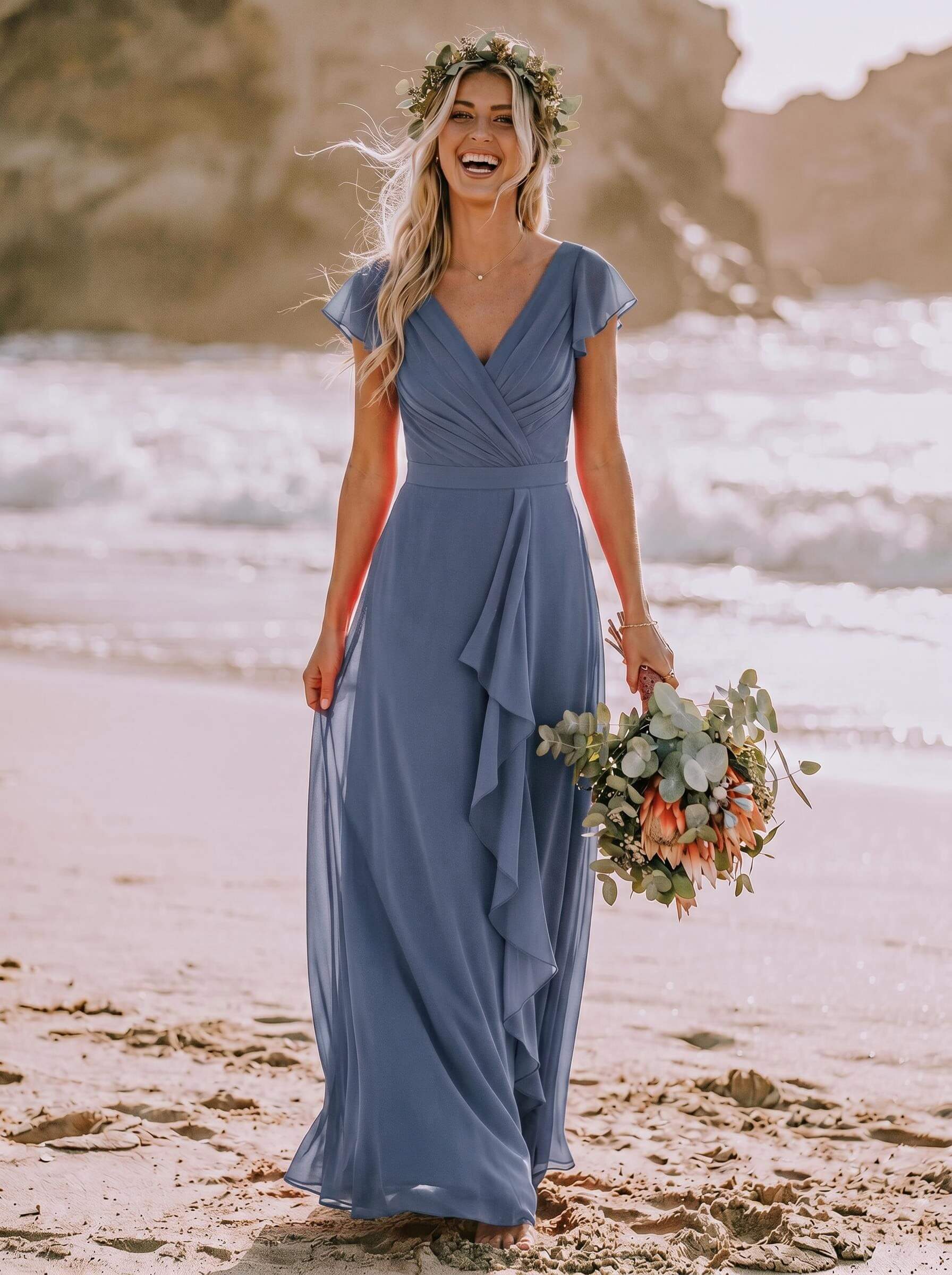 A-Line V-Neck Sleeveless Floor-Length Chiffon Bridesmaid Dresses With Ruffle
