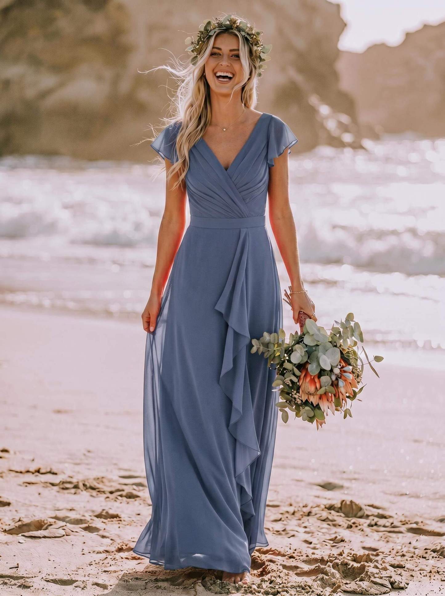 A-Line V-Neck Sleeveless Floor-Length Chiffon Bridesmaid Dresses With Ruffle