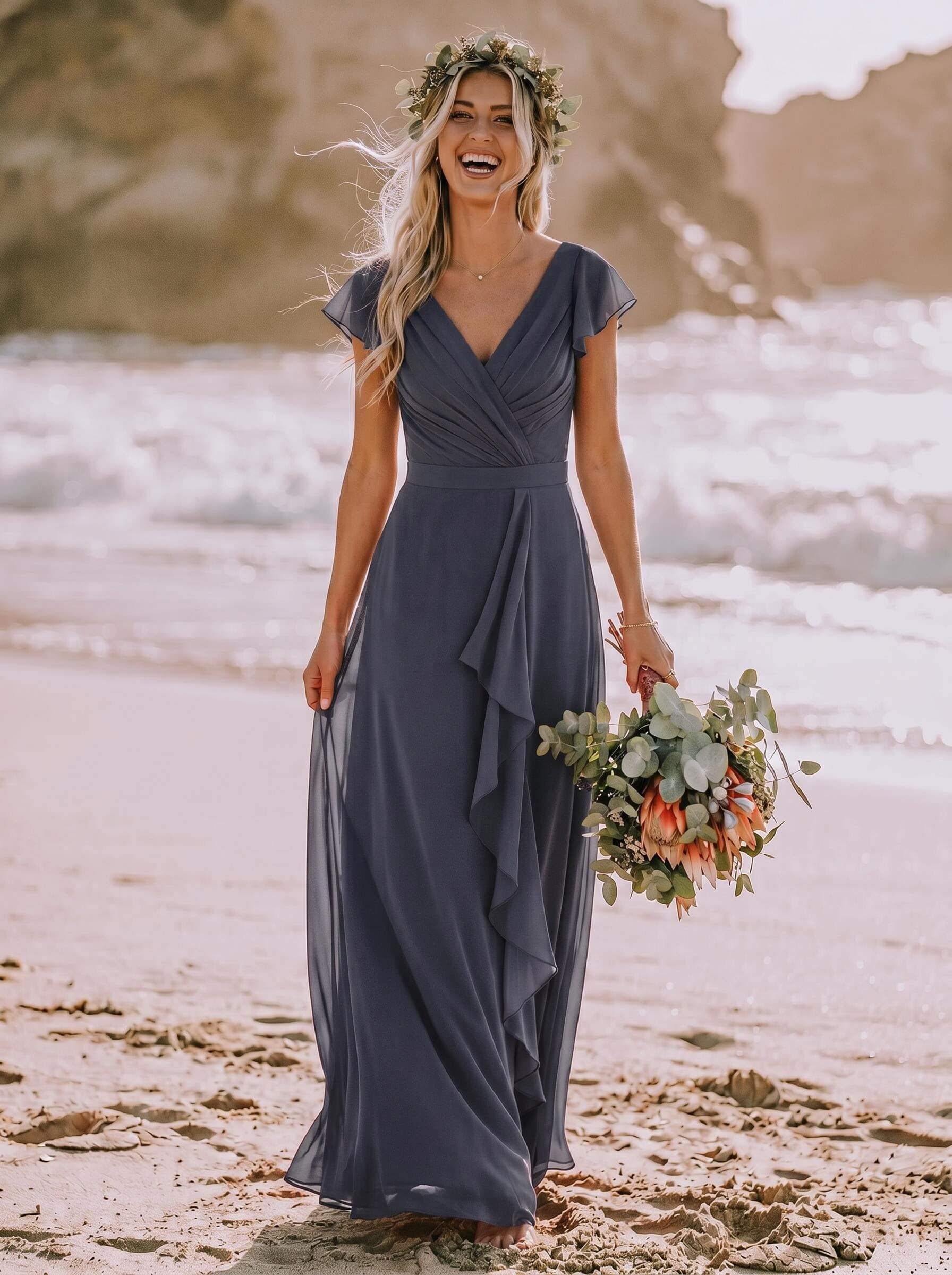 A-Line V-Neck Sleeveless Floor-Length Chiffon Bridesmaid Dresses With Ruffle
