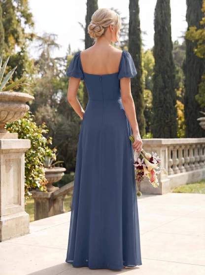 Square Neckline A-Line Slit Bridesmaid Dresses With Chiffon