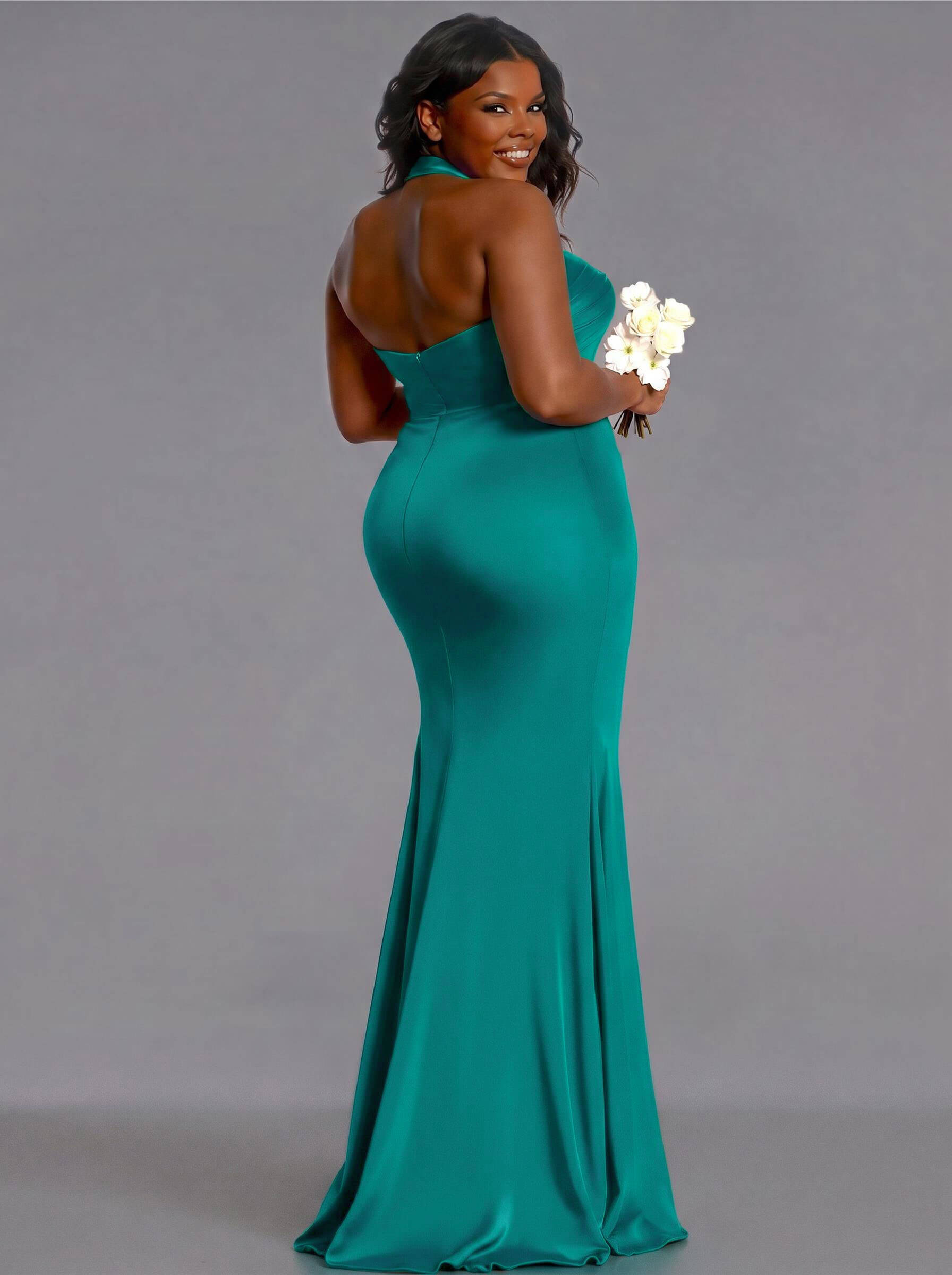 Trumpet/Mermaid Halter Floor-Length Silk Like Satin Bridesmaid Dresses With High Split, product image 158