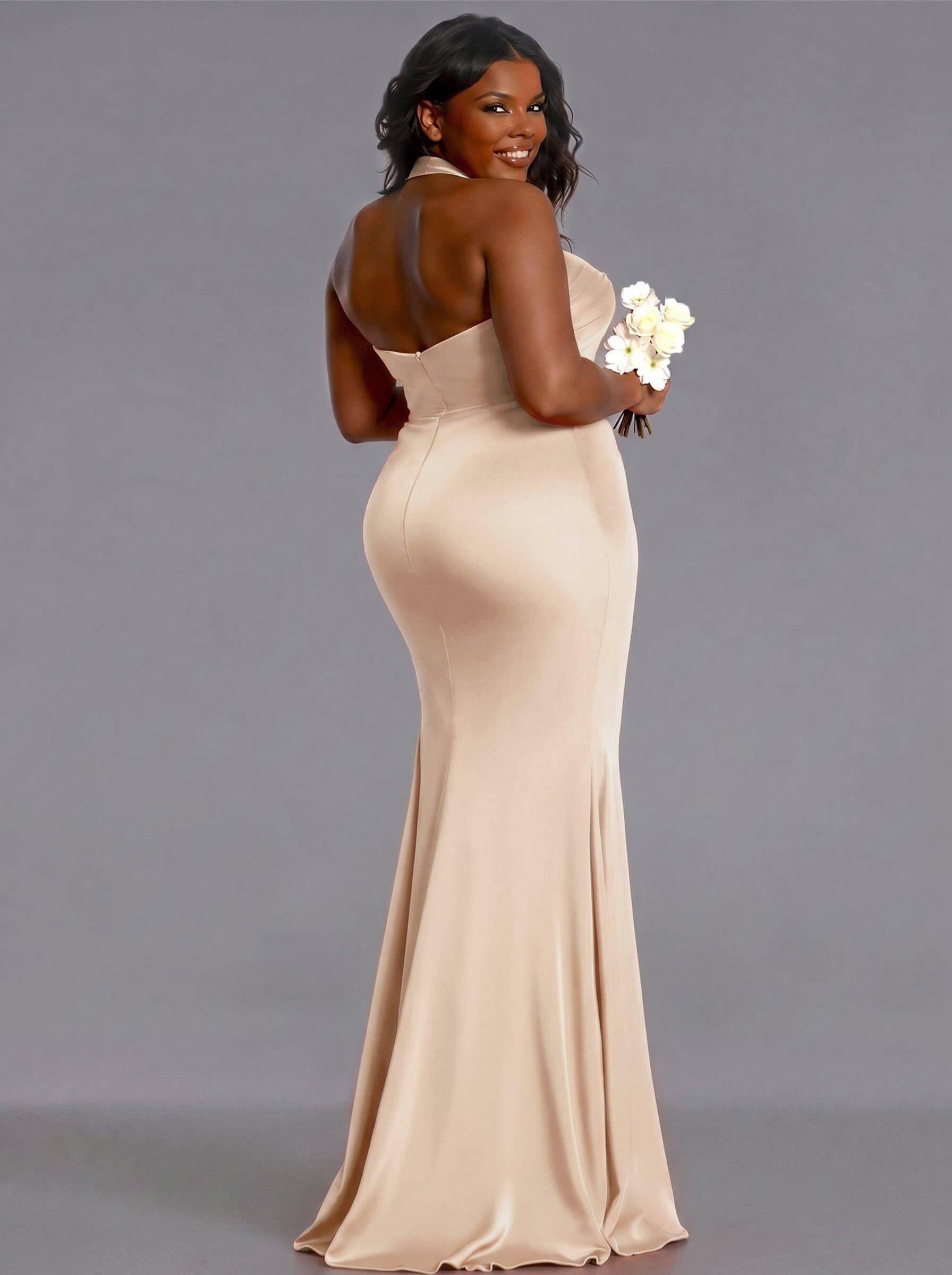 Trumpet/Mermaid Halter Floor-Length Silk Like Satin Bridesmaid Dresses With High Split, product image 196