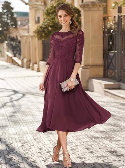 A-Line Illusion Neck 3/4 Sleeves Tea-Length Chiffon Mother Of The Bride Dresses With Appliques Lace