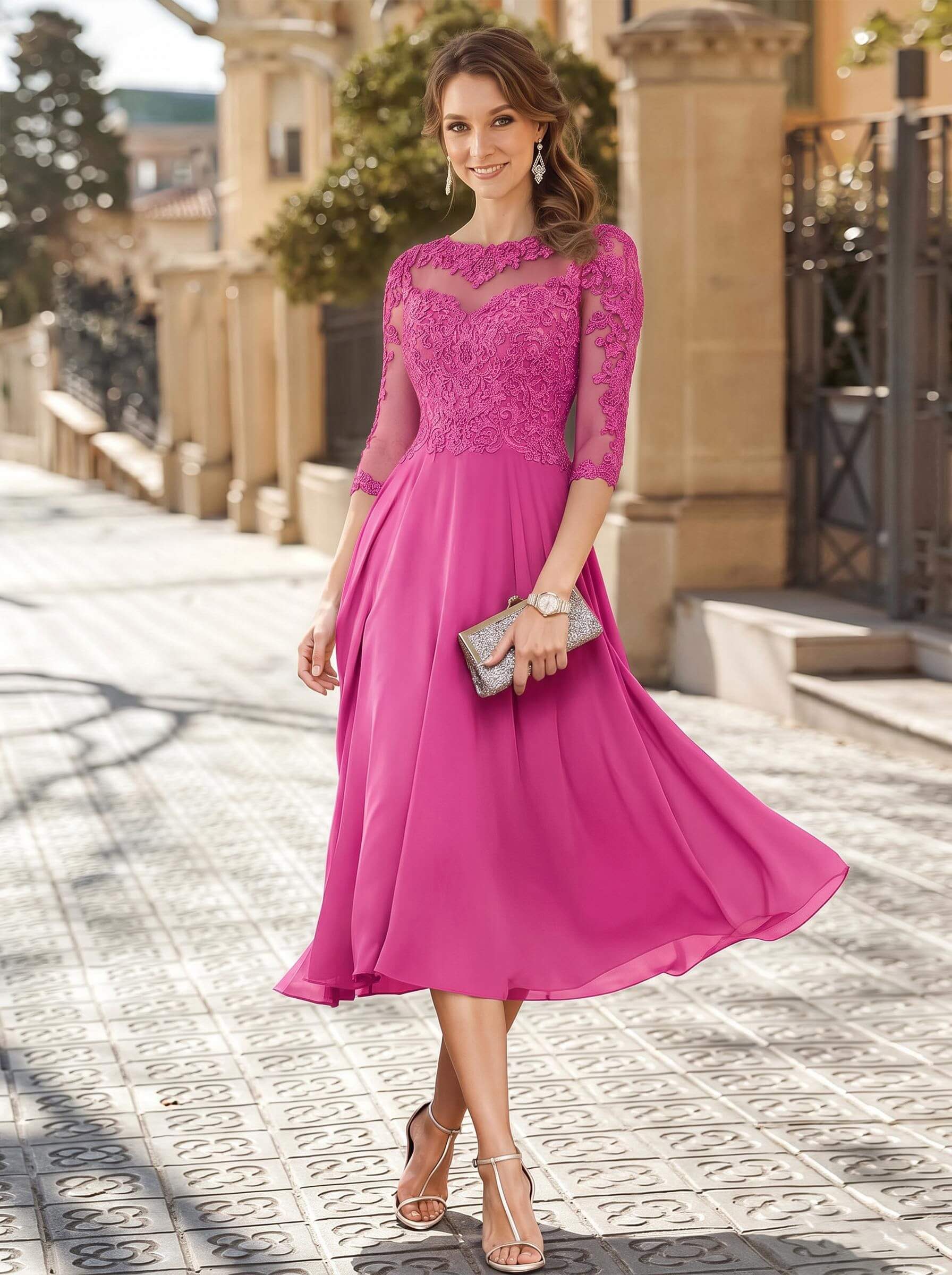 A-Line Illusion Neck 3/4 Sleeves Tea-Length Chiffon Mother Of The Bride Dresses With Appliques Lace