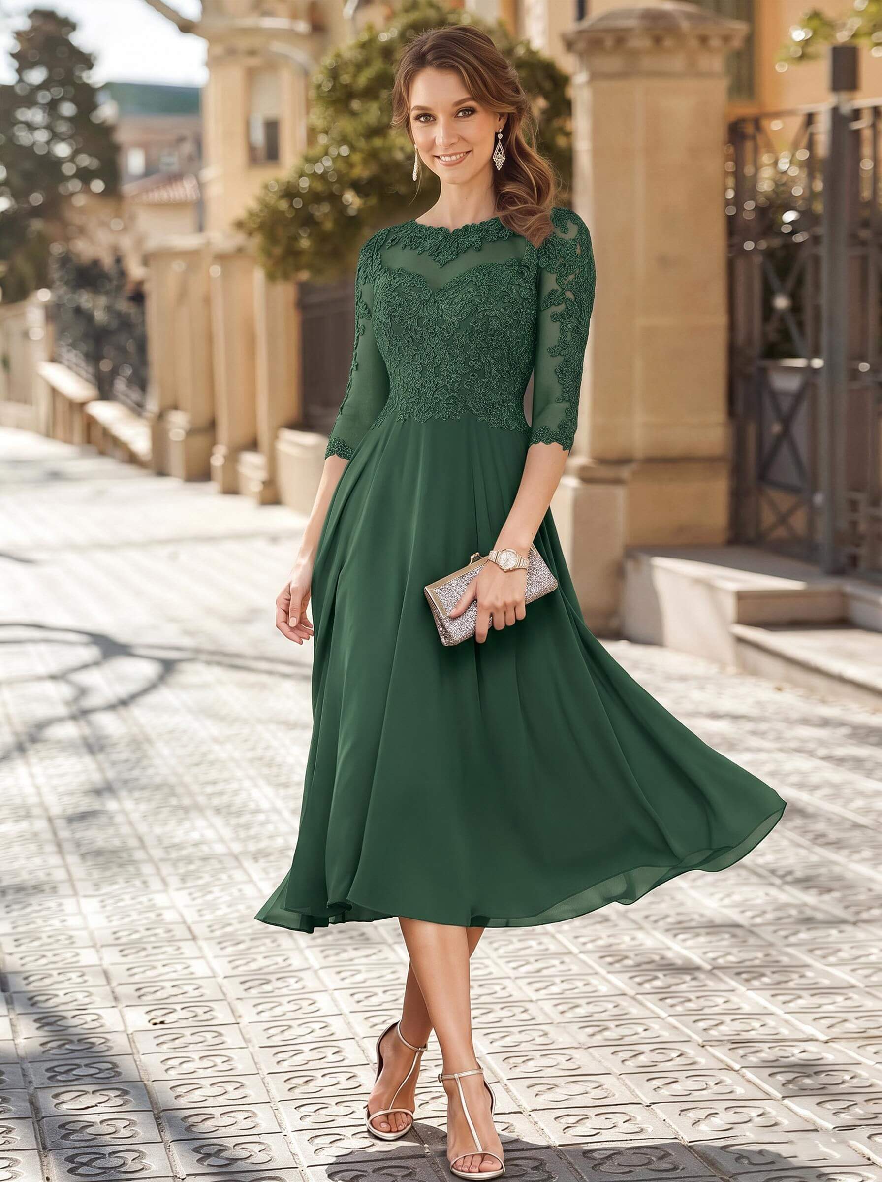 A-Line Illusion Neck 3/4 Sleeves Tea-Length Chiffon Mother Of The Bride Dresses With Appliques Lace