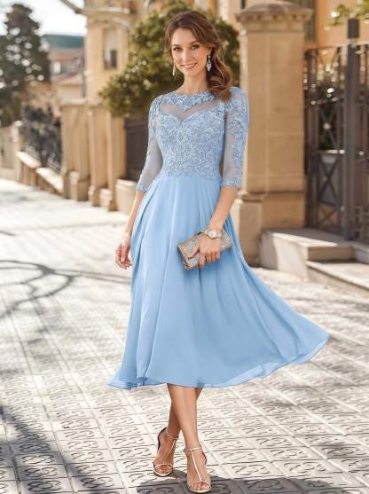 A-Line Illusion Neck 3/4 Sleeves Tea-Length Chiffon Mother Of The Bride Dresses With Appliques Lace