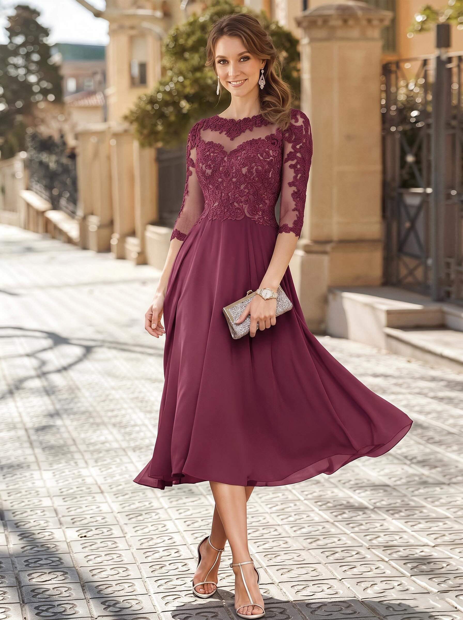 A-Line Illusion Neck 3/4 Sleeves Tea-Length Chiffon Mother Of The Bride Dresses With Appliques Lace