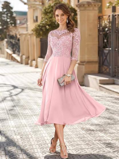 A-Line Illusion Neck 3/4 Sleeves Tea-Length Chiffon Mother Of The Bride Dresses With Appliques Lace