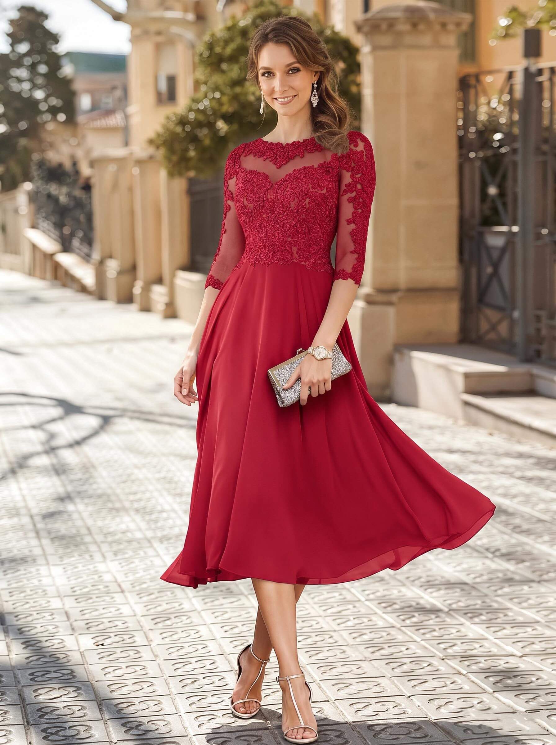 A-Line Illusion Neck 3/4 Sleeves Tea-Length Chiffon Mother Of The Bride Dresses With Appliques Lace