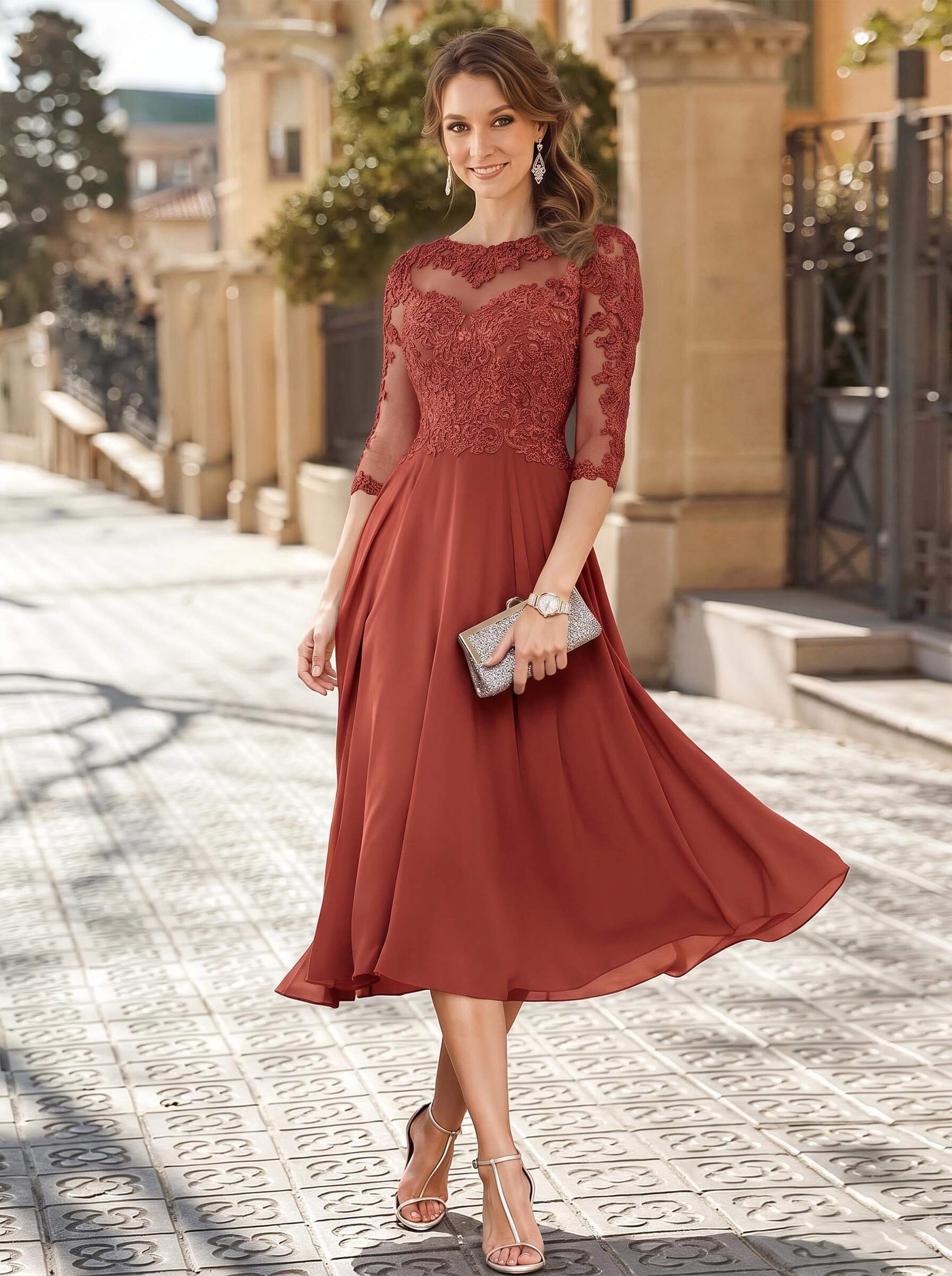 A-Line Illusion Neck 3/4 Sleeves Tea-Length Chiffon Mother Of The Bride Dresses With Appliques Lace