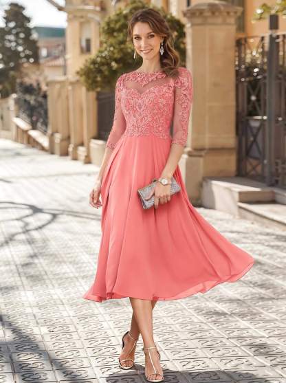 A-Line Illusion Neck 3/4 Sleeves Tea-Length Chiffon Mother Of The Bride Dresses With Appliques Lace