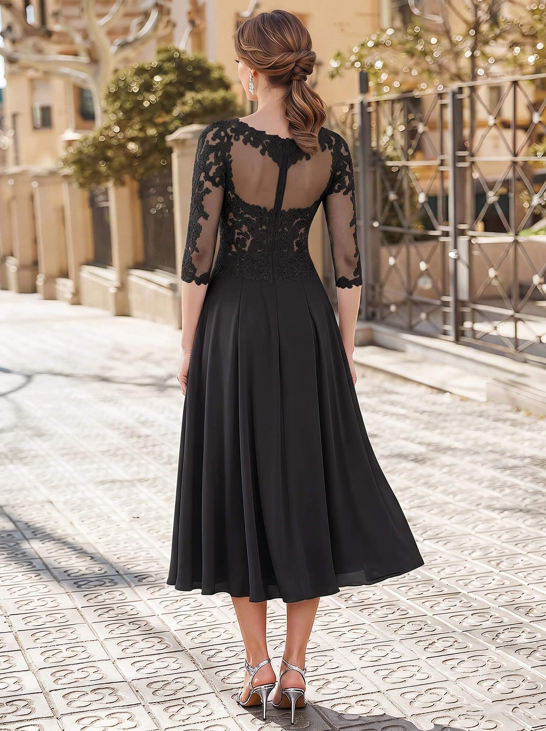 A-Line Illusion Neck 3/4 Sleeves Tea-Length Chiffon Mother Of The Bride Dresses With Appliques Lace