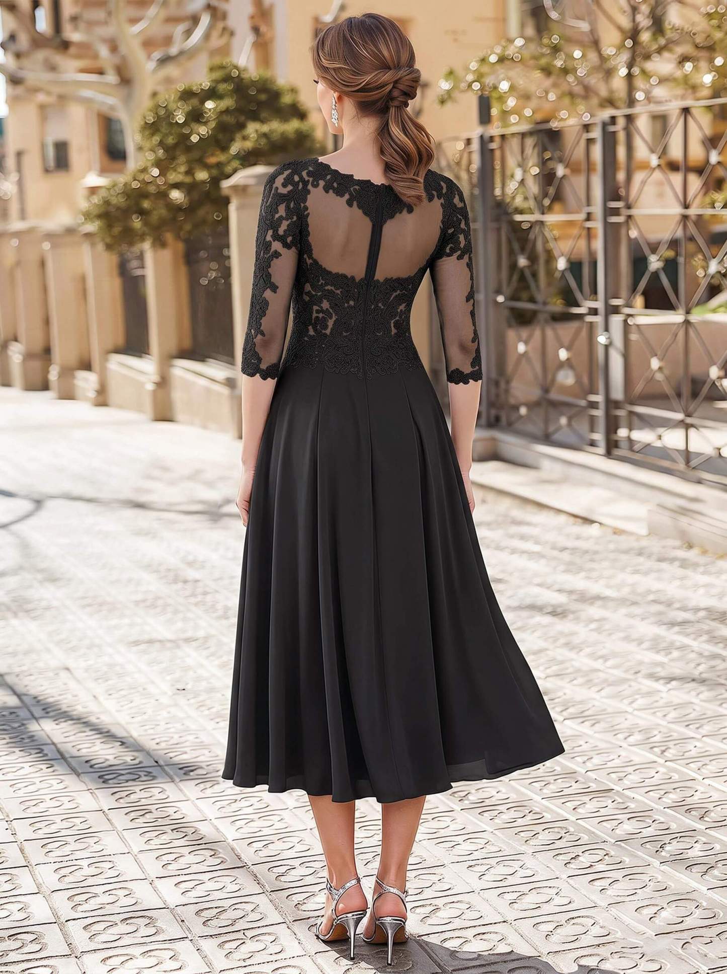 A-Line Illusion Neck 3/4 Sleeves Tea-Length Chiffon Mother Of The Bride Dresses With Appliques Lace