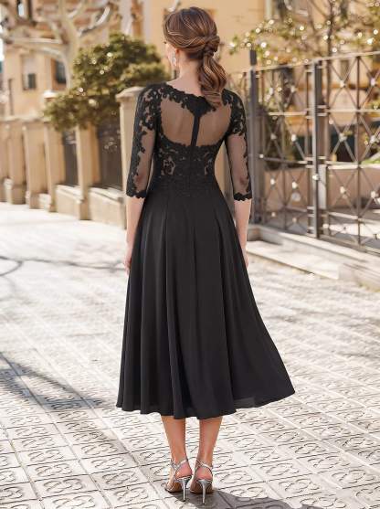 A-Line Illusion Neck 3/4 Sleeves Tea-Length Chiffon Mother Of The Bride Dresses With Appliques Lace