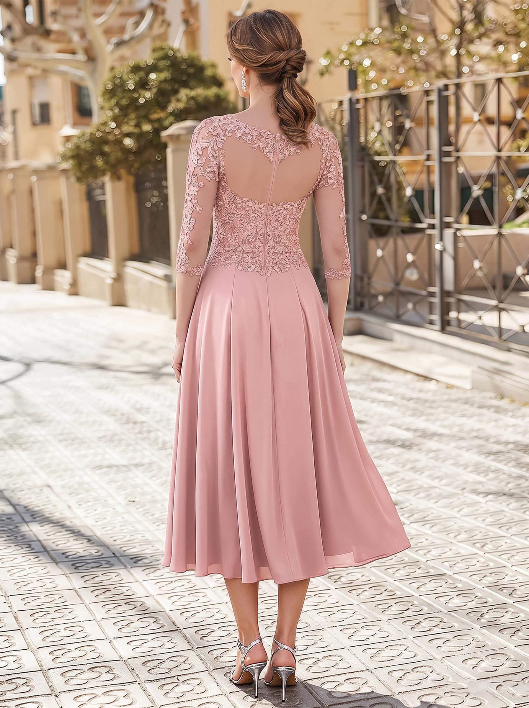 A-Line Illusion Neck 3/4 Sleeves Tea-Length Chiffon Mother Of The Bride Dresses With Appliques Lace