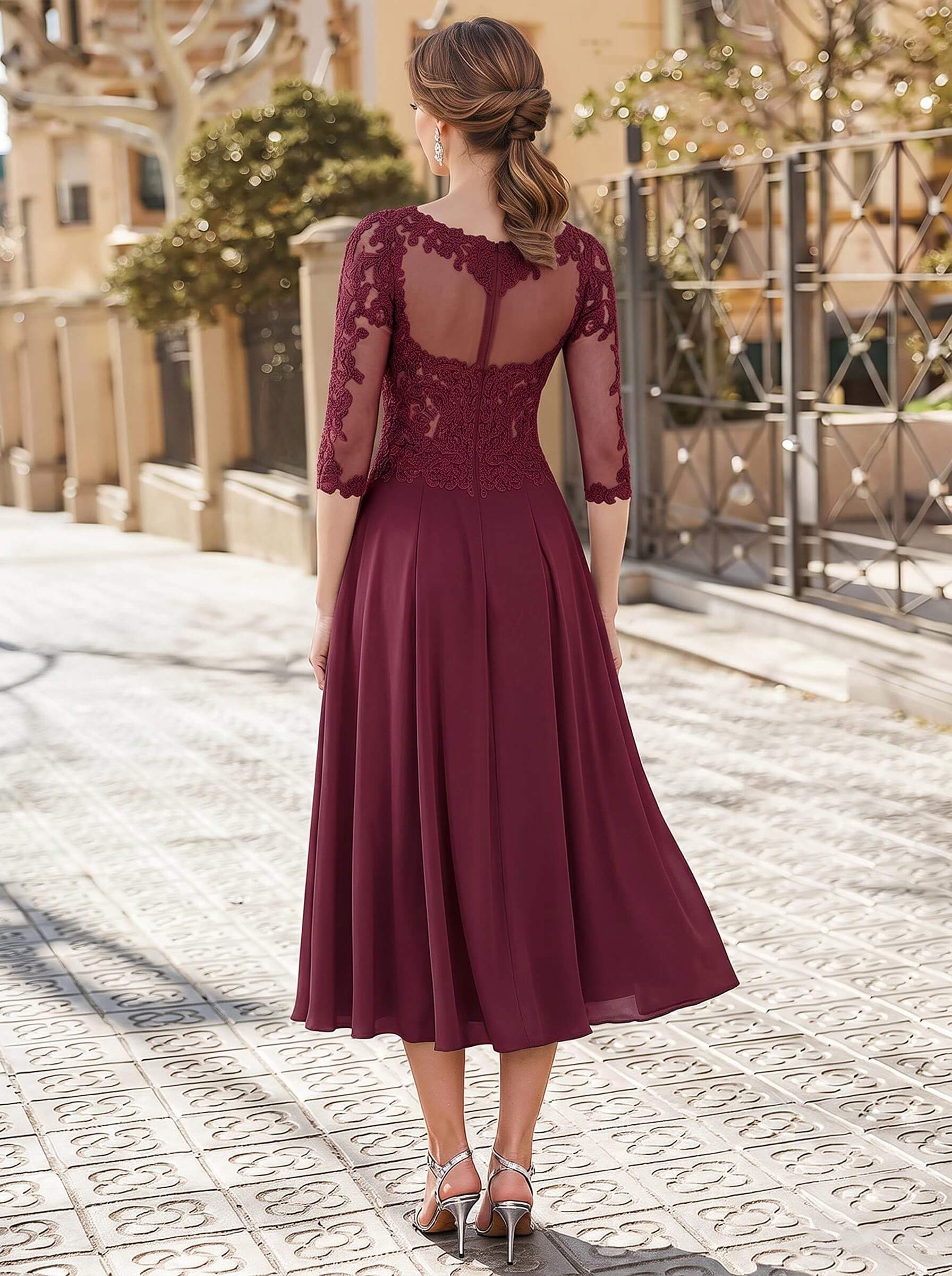 A-Line Illusion Neck 3/4 Sleeves Tea-Length Chiffon Mother Of The Bride Dresses With Appliques Lace