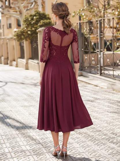 A-Line Illusion Neck 3/4 Sleeves Tea-Length Chiffon Mother Of The Bride Dresses With Appliques Lace