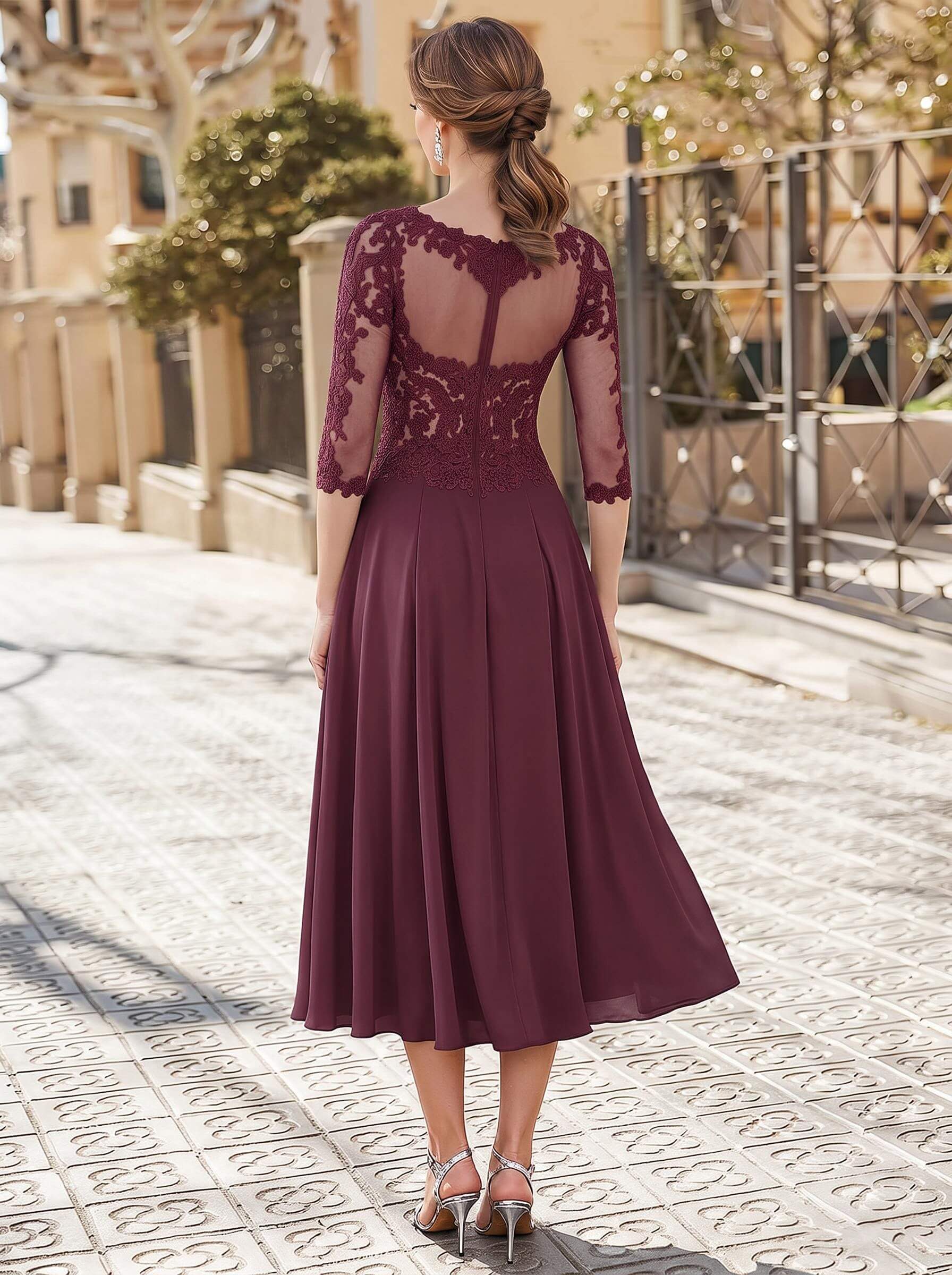 A-Line Illusion Neck 3/4 Sleeves Tea-Length Chiffon Mother Of The Bride Dresses With Appliques Lace