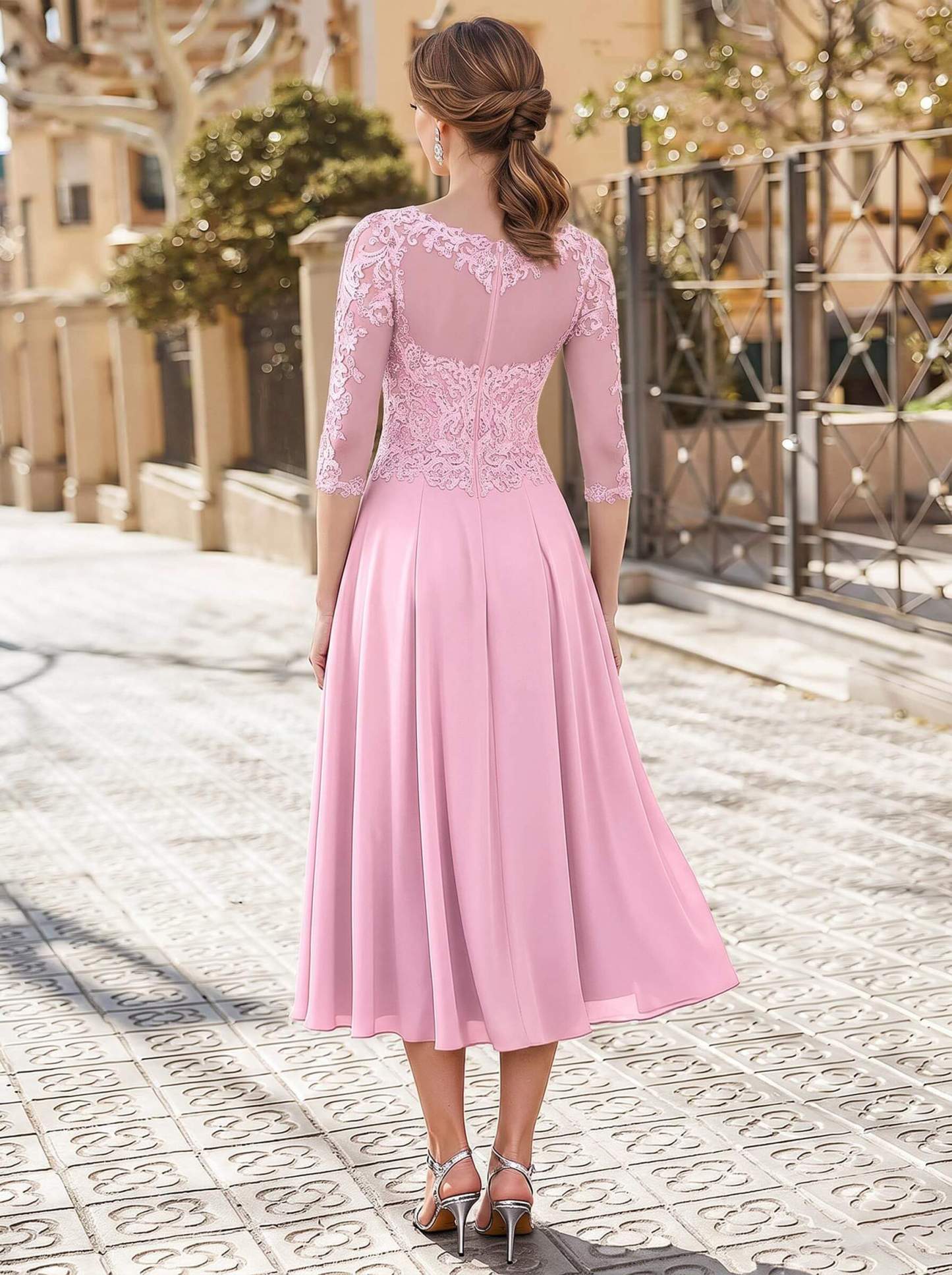 A-Line Illusion Neck 3/4 Sleeves Tea-Length Chiffon Mother Of The Bride Dresses With Appliques Lace