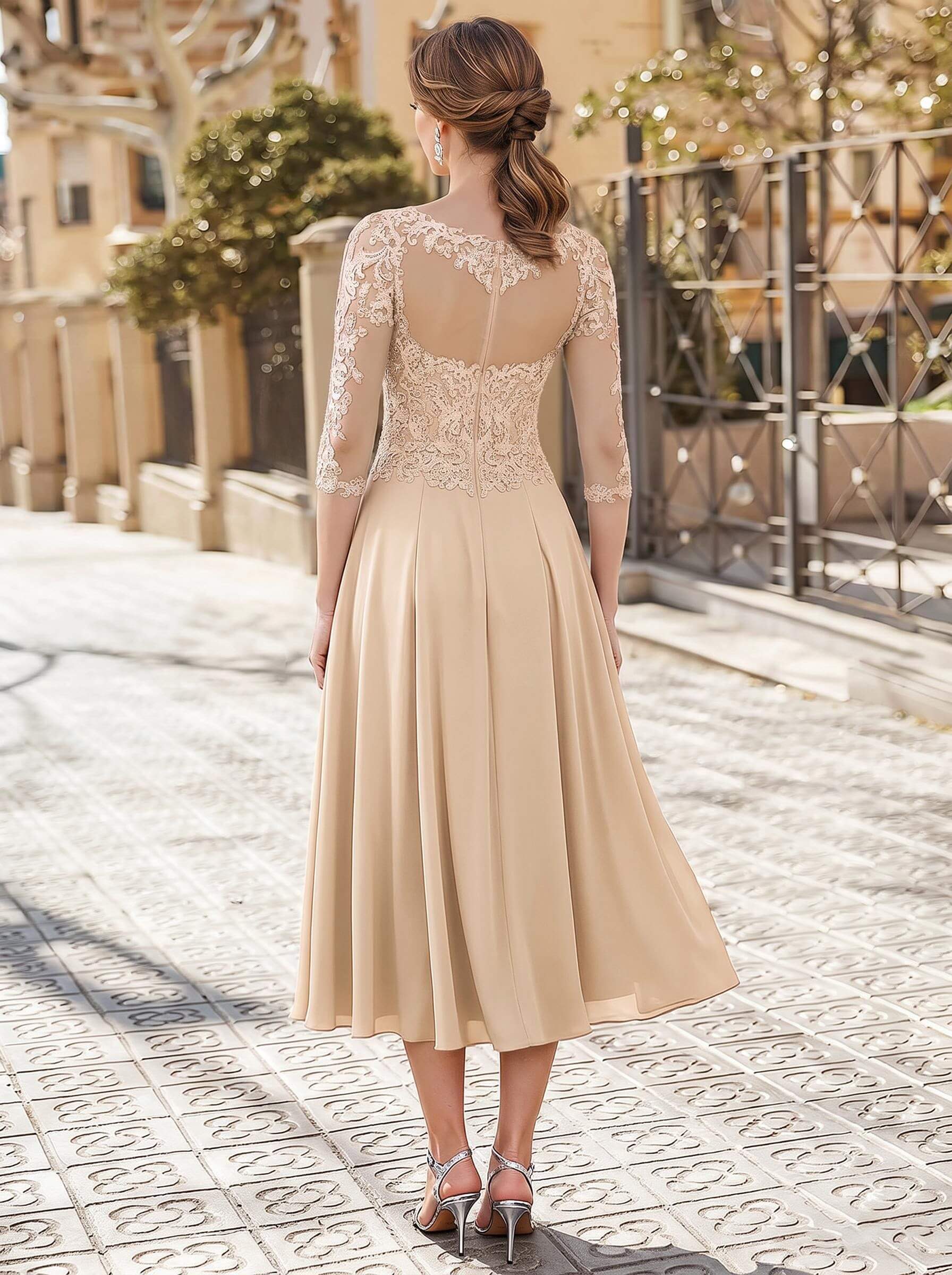 A-Line Illusion Neck 3/4 Sleeves Tea-Length Chiffon Mother Of The Bride Dresses With Appliques Lace