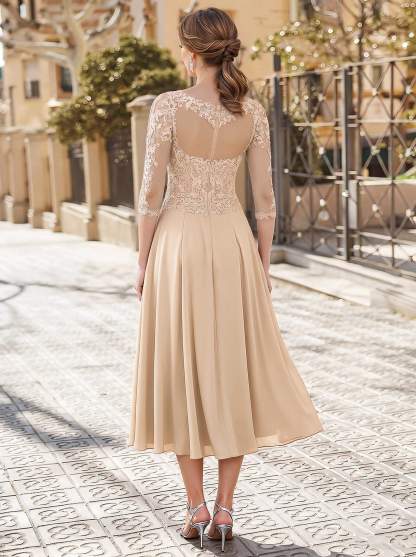 A-Line Illusion Neck 3/4 Sleeves Tea-Length Chiffon Mother Of The Bride Dresses With Appliques Lace