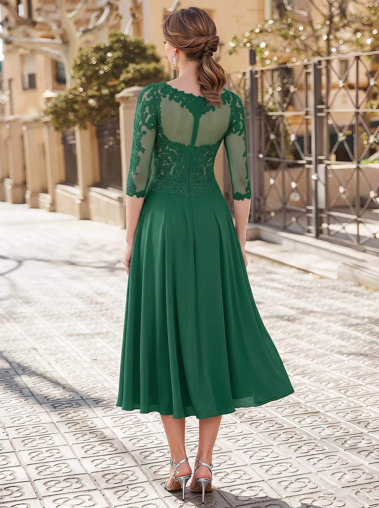 A-Line Illusion Neck 3/4 Sleeves Tea-Length Chiffon Mother Of The Bride Dresses With Appliques Lace