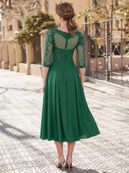 A-Line Illusion Neck 3/4 Sleeves Tea-Length Chiffon Mother Of The Bride Dresses With Appliques Lace