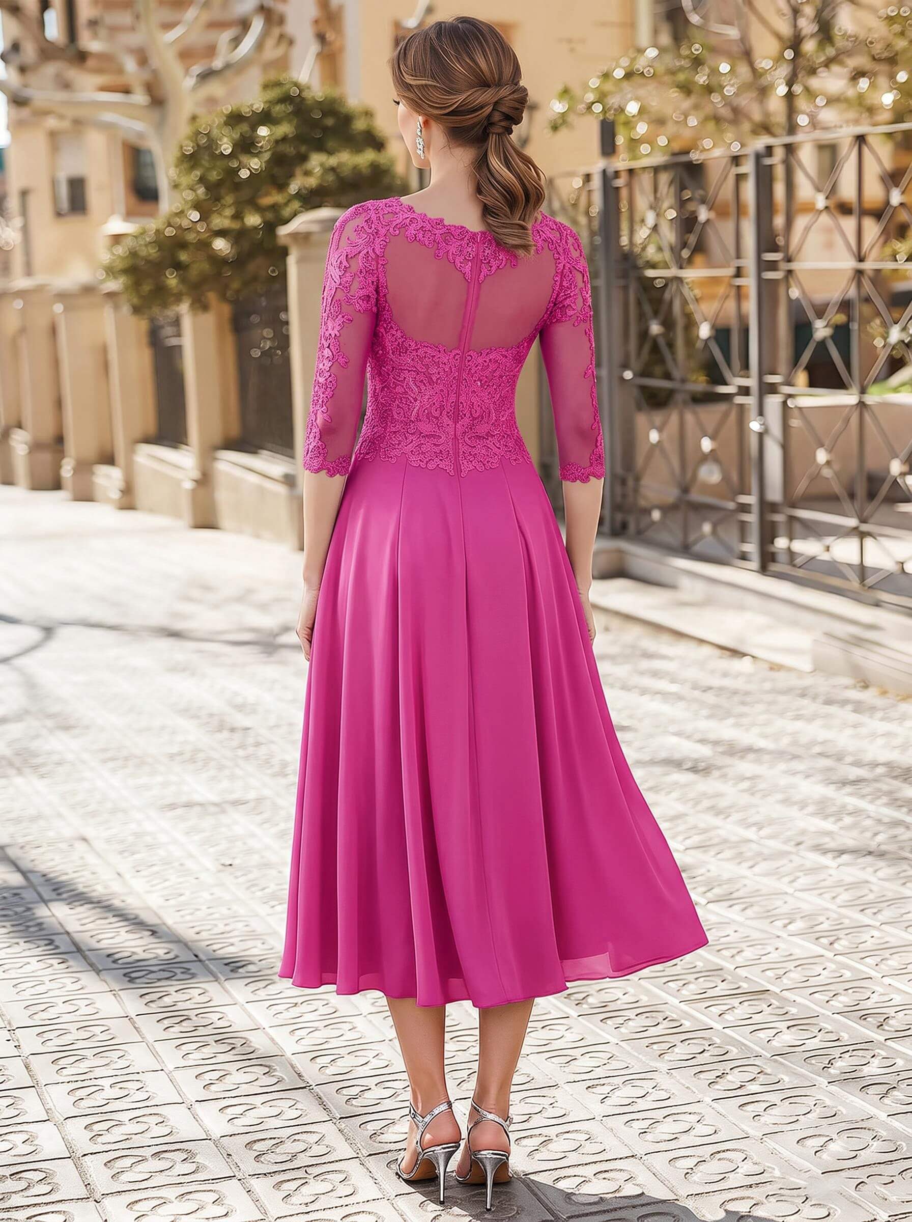 A-Line Illusion Neck 3/4 Sleeves Tea-Length Chiffon Mother Of The Bride Dresses With Appliques Lace