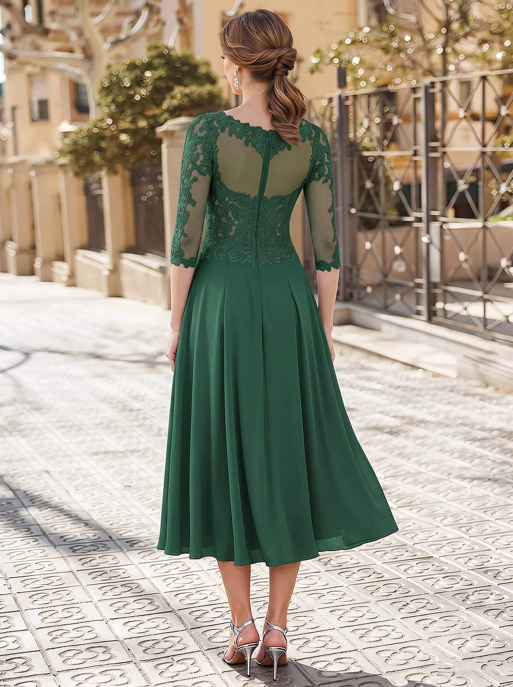 A-Line Illusion Neck 3/4 Sleeves Tea-Length Chiffon Mother Of The Bride Dresses With Appliques Lace