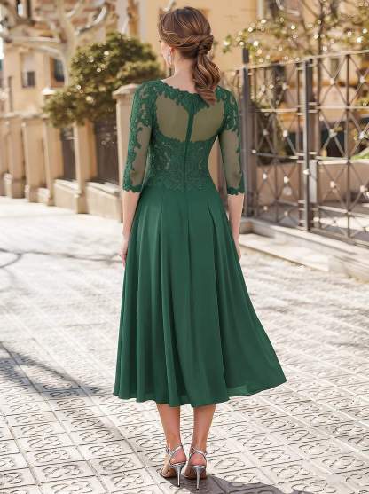 A-Line Illusion Neck 3/4 Sleeves Tea-Length Chiffon Mother Of The Bride Dresses With Appliques Lace