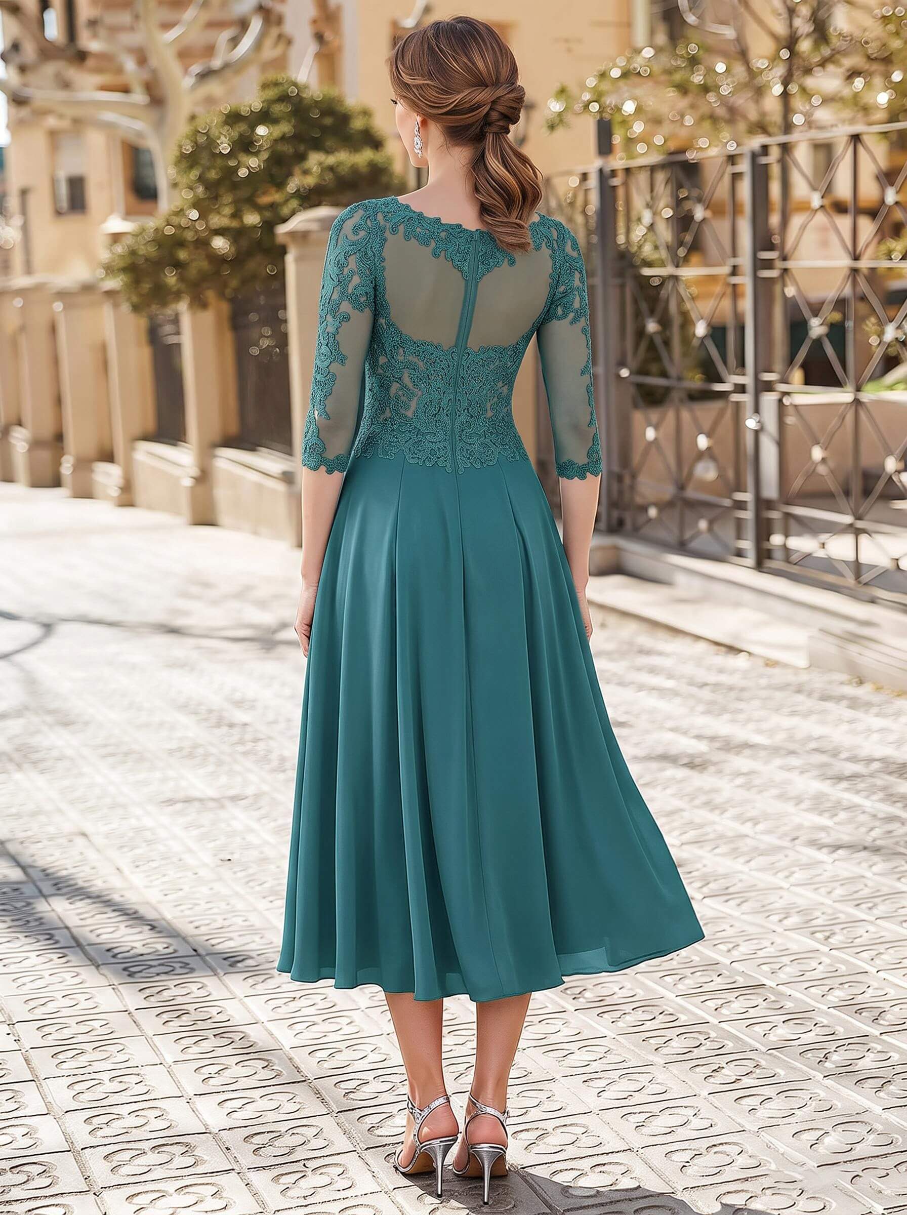 A-Line Illusion Neck 3/4 Sleeves Tea-Length Chiffon Mother Of The Bride Dresses With Appliques Lace