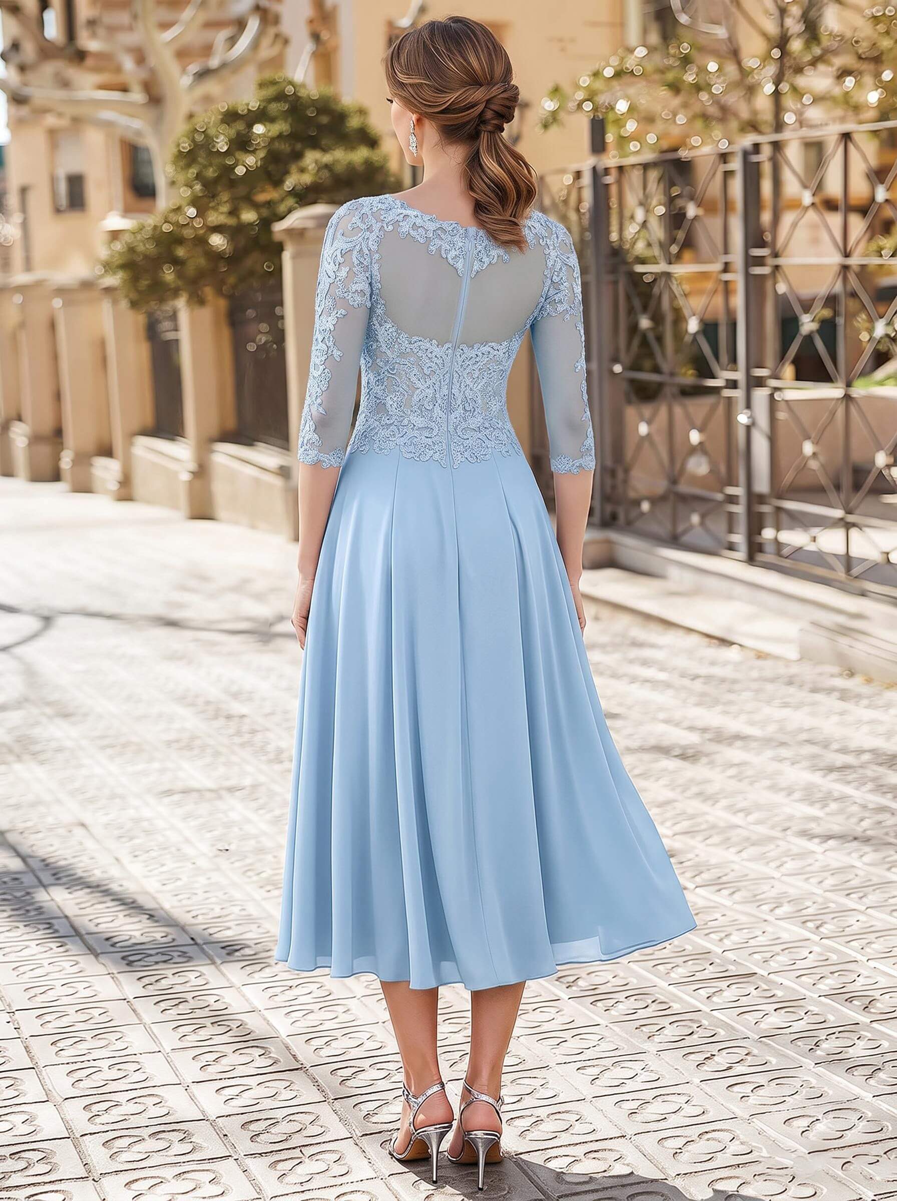 A-Line Illusion Neck 3/4 Sleeves Tea-Length Chiffon Mother Of The Bride Dresses With Appliques Lace
