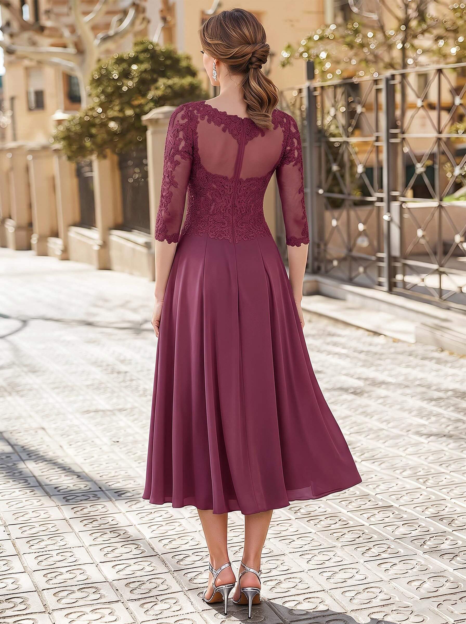 A-Line Illusion Neck 3/4 Sleeves Tea-Length Chiffon Mother Of The Bride Dresses With Appliques Lace