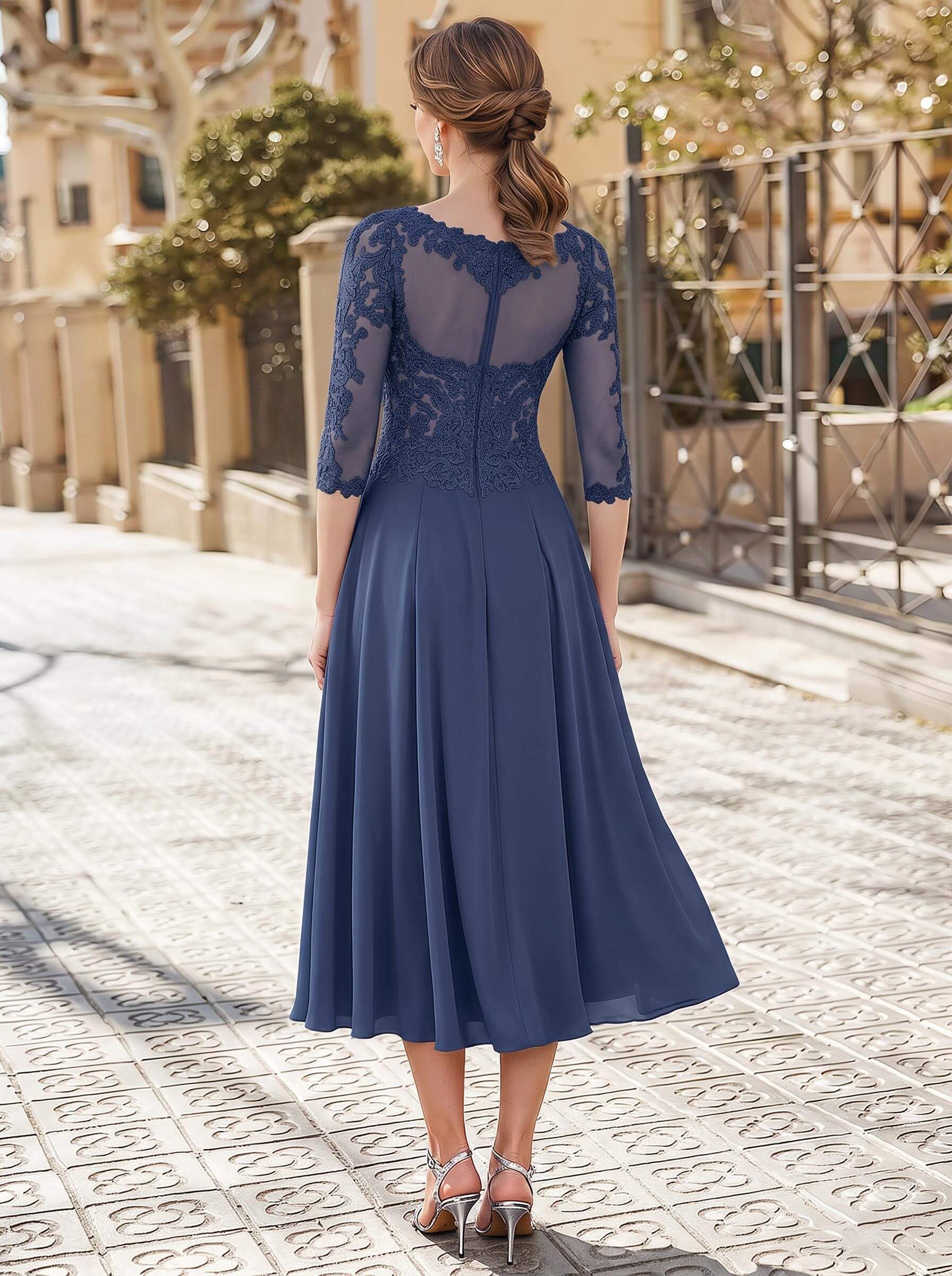 A-Line Illusion Neck 3/4 Sleeves Tea-Length Chiffon Mother Of The Bride Dresses With Appliques Lace