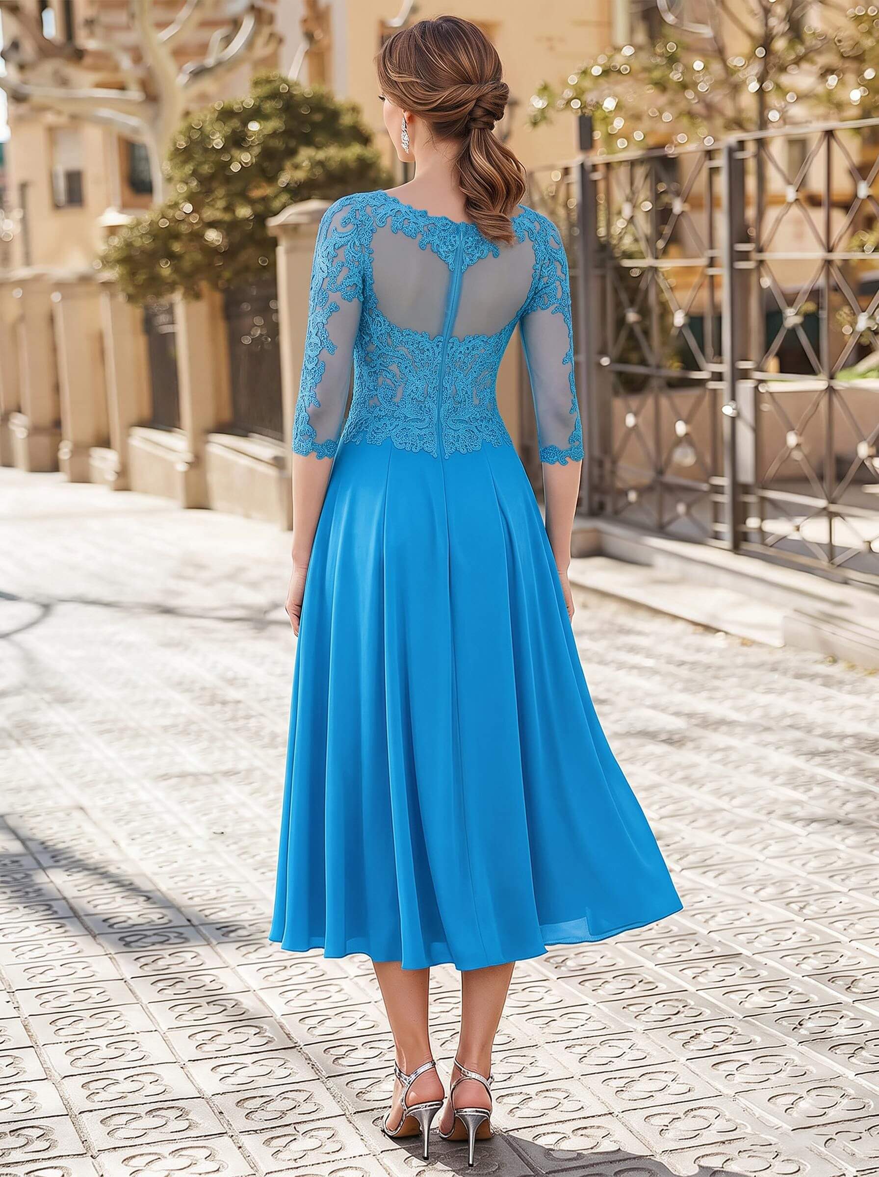 A-Line Illusion Neck 3/4 Sleeves Tea-Length Chiffon Mother Of The Bride Dresses With Appliques Lace