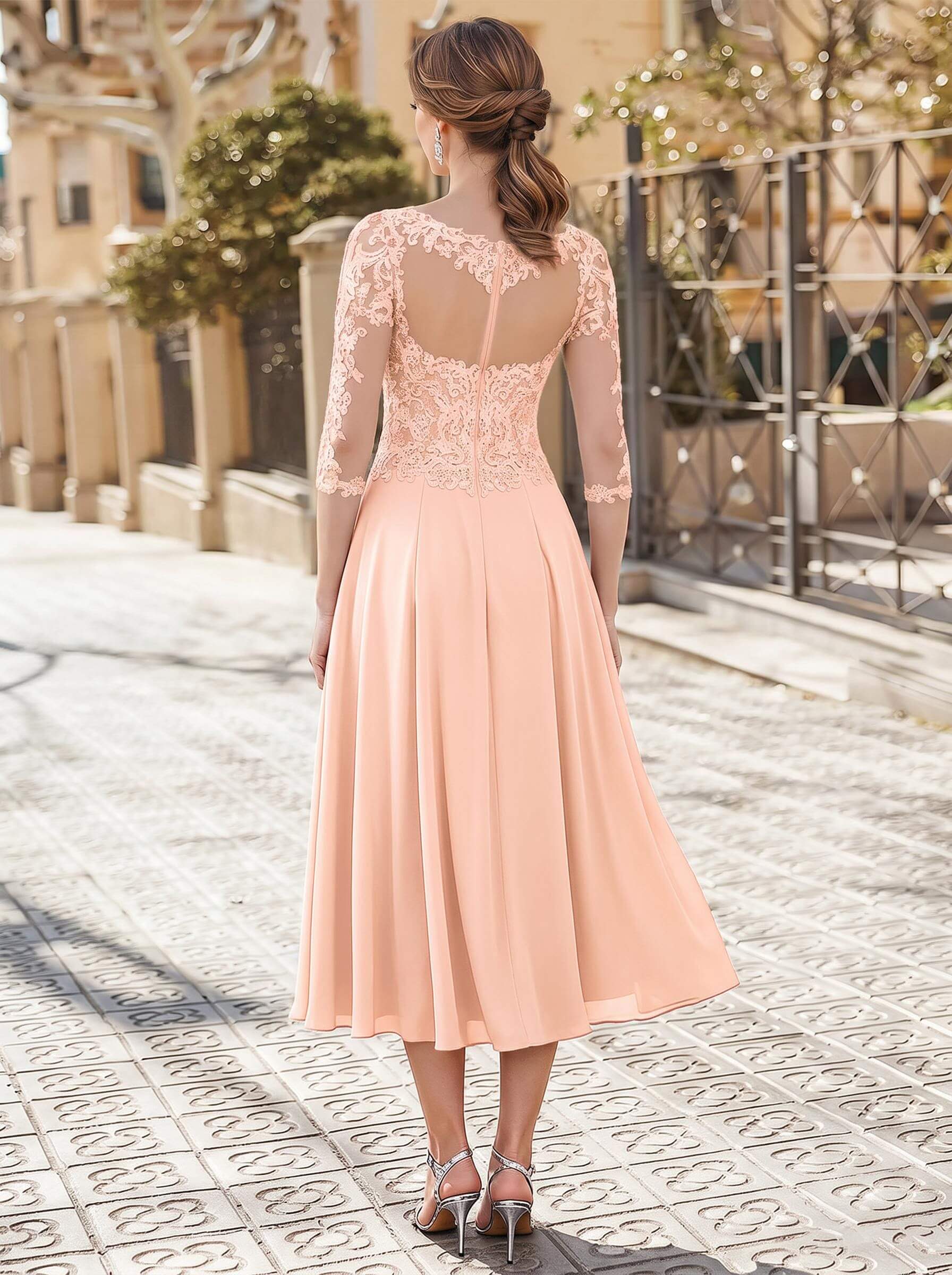 A-Line Illusion Neck 3/4 Sleeves Tea-Length Chiffon Mother Of The Bride Dresses With Appliques Lace