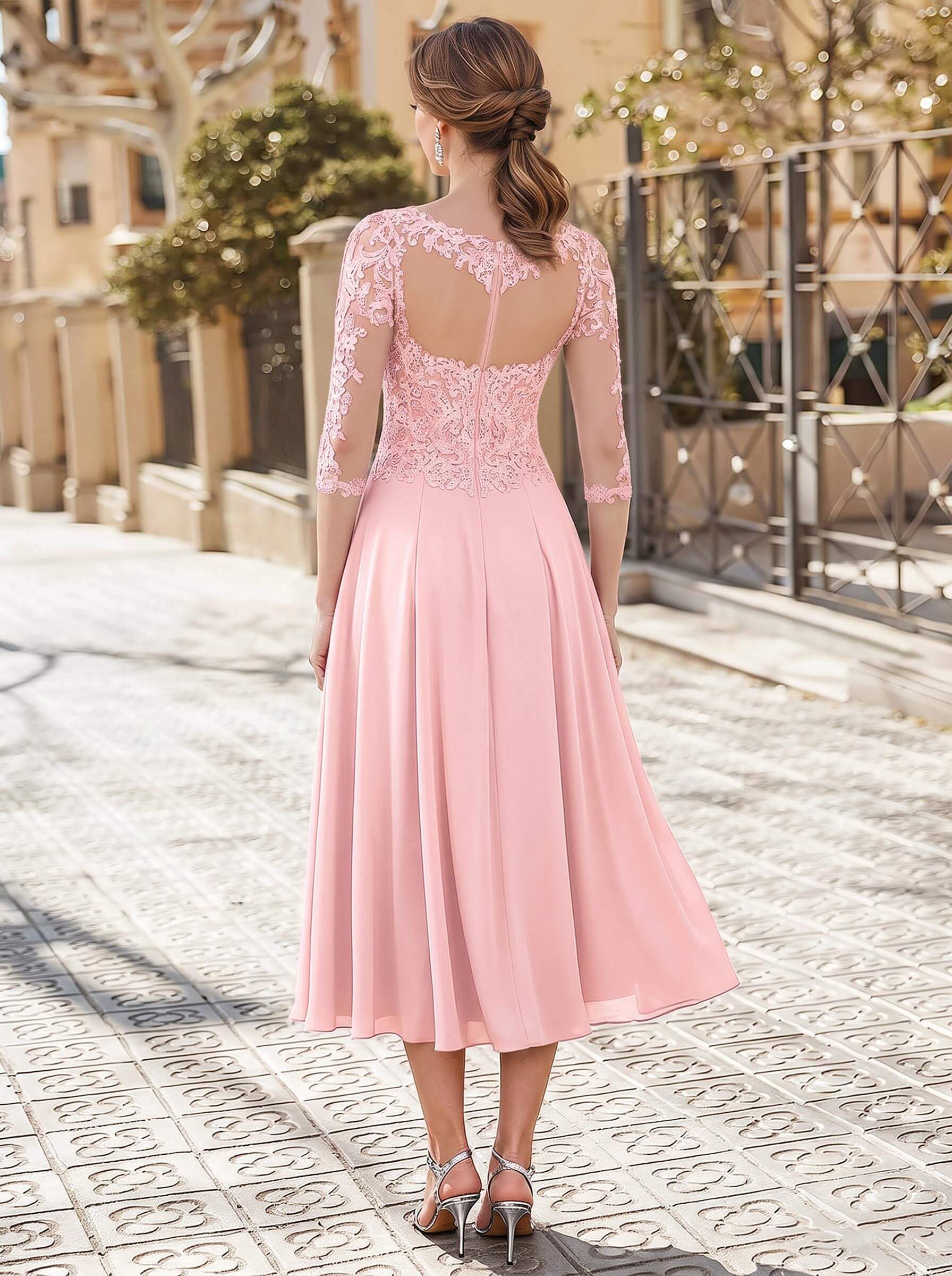 A-Line Illusion Neck 3/4 Sleeves Tea-Length Chiffon Mother Of The Bride Dresses With Appliques Lace