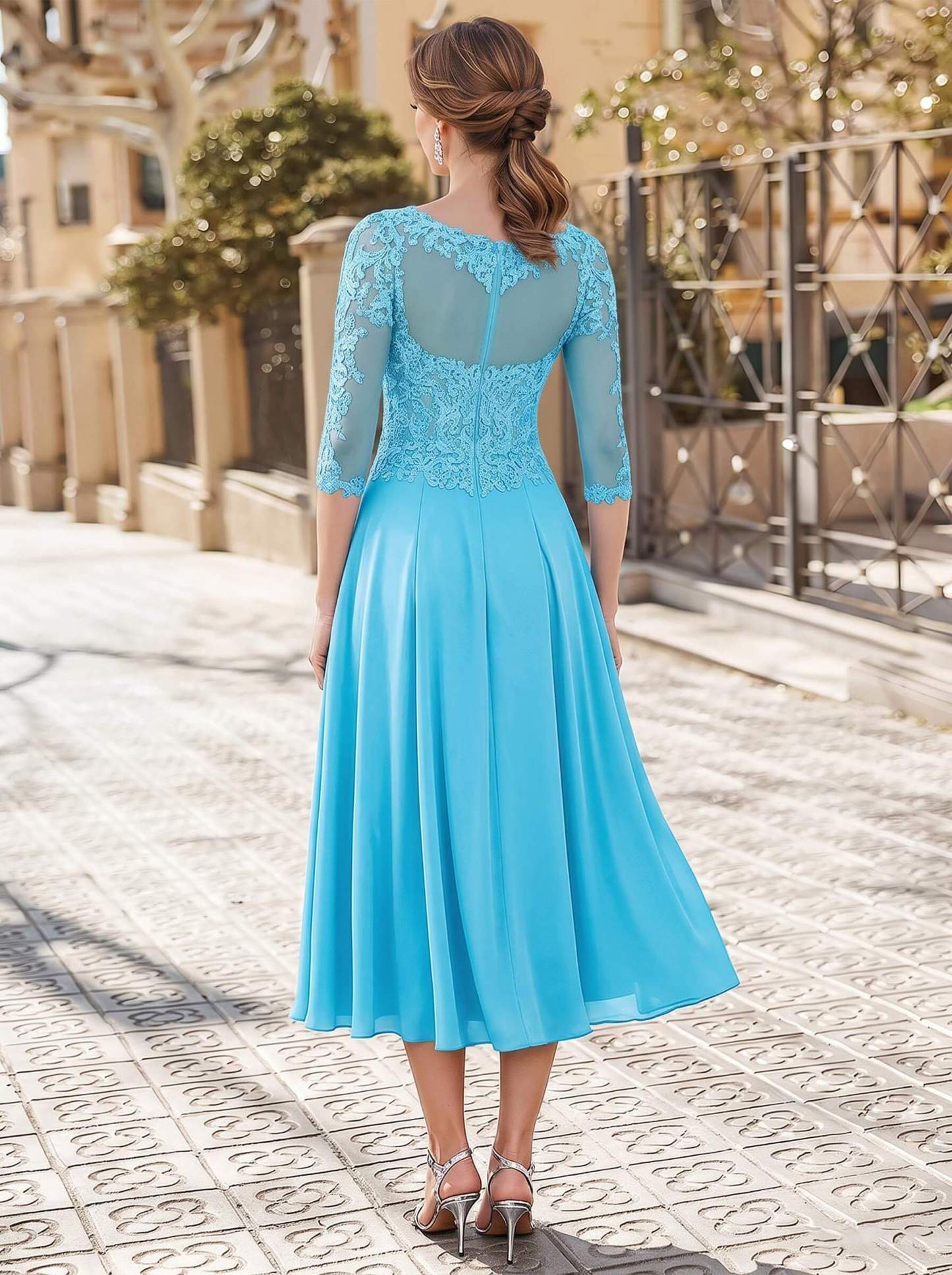 A-Line Illusion Neck 3/4 Sleeves Tea-Length Chiffon Mother Of The Bride Dresses With Appliques Lace