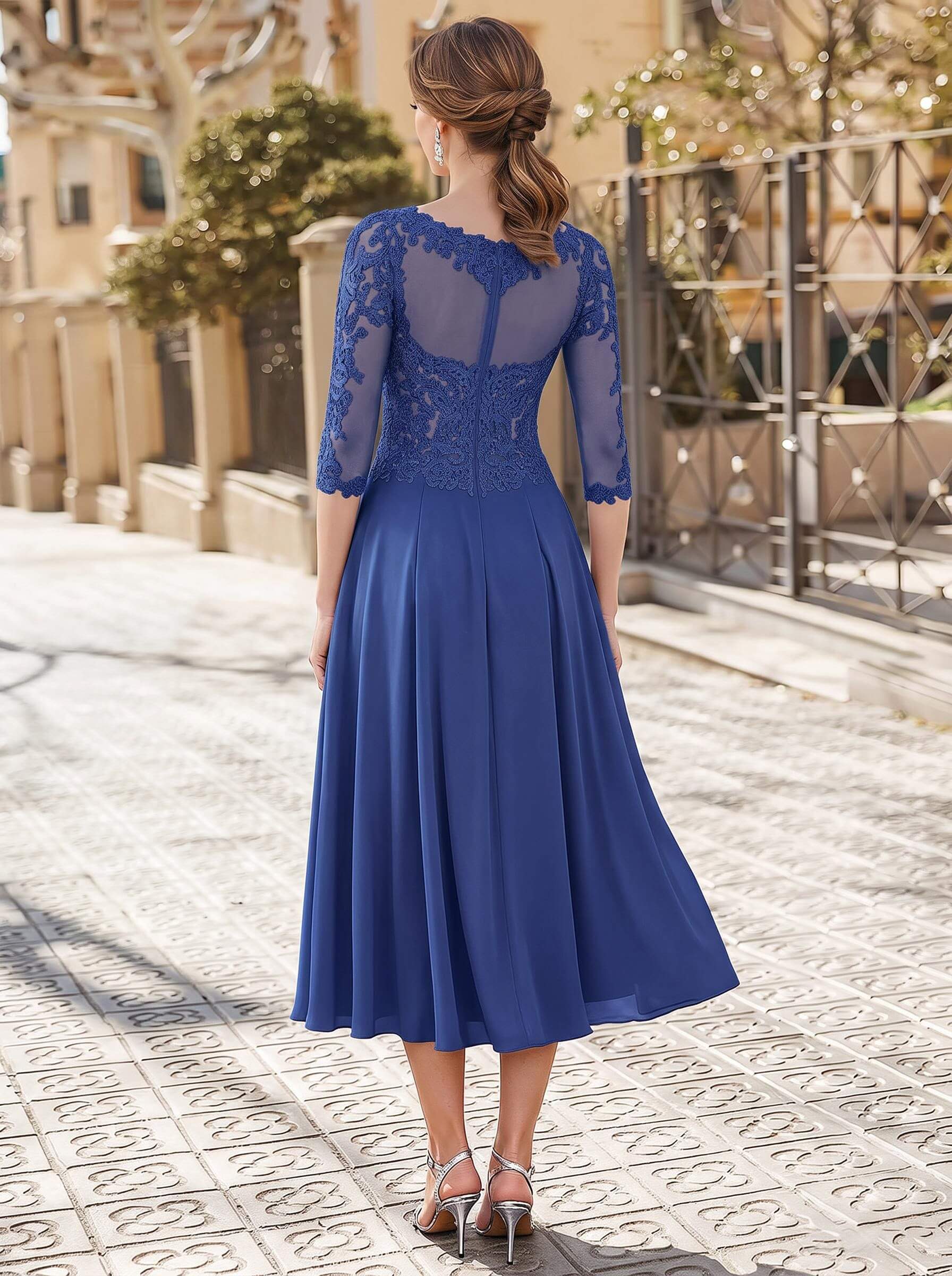 A-Line Illusion Neck 3/4 Sleeves Tea-Length Chiffon Mother Of The Bride Dresses With Appliques Lace