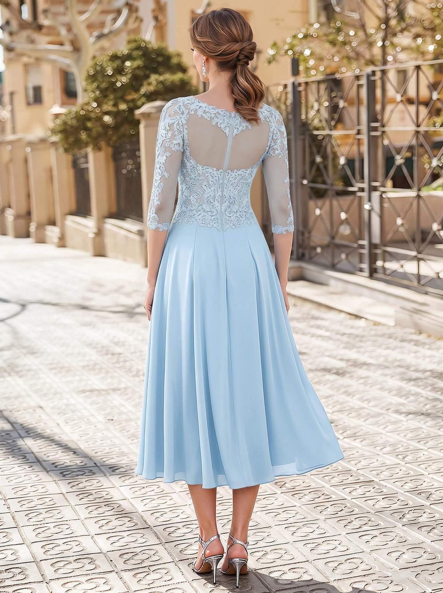 A-Line Illusion Neck 3/4 Sleeves Tea-Length Chiffon Mother Of The Bride Dresses With Appliques Lace