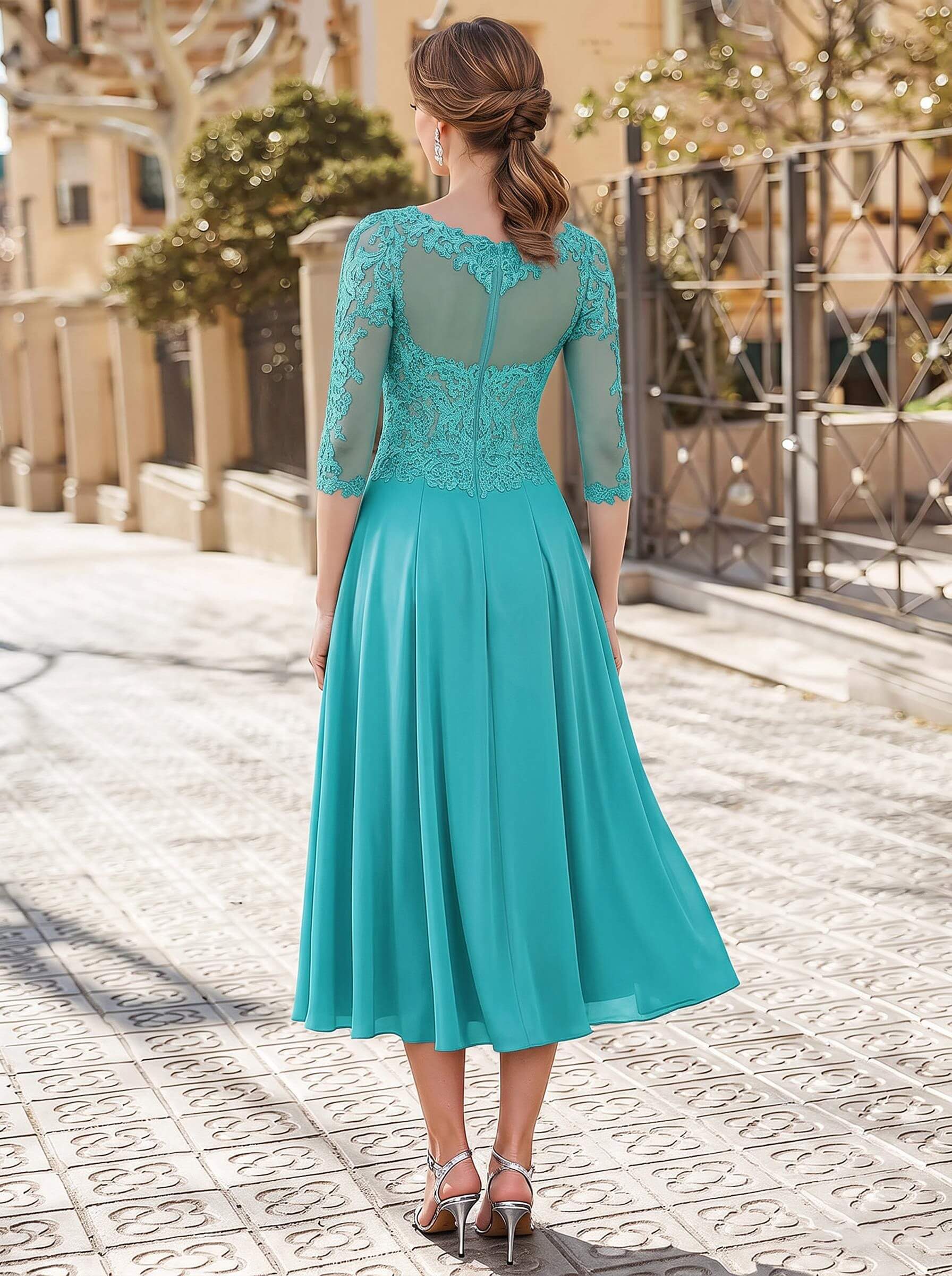 A-Line Illusion Neck 3/4 Sleeves Tea-Length Chiffon Mother Of The Bride Dresses With Appliques Lace
