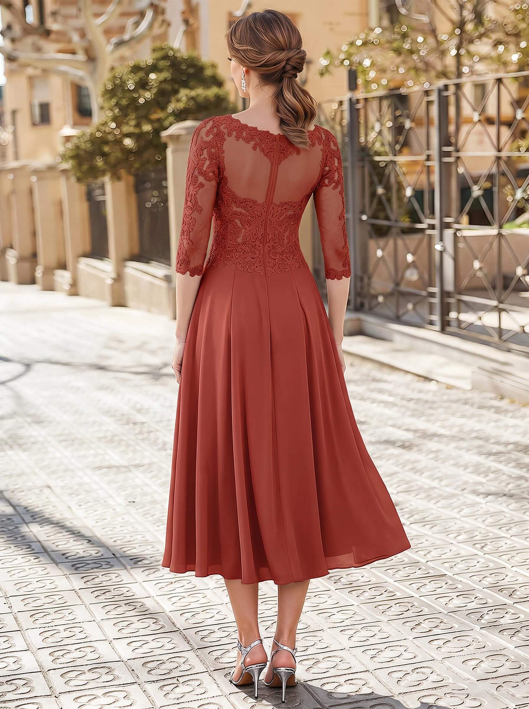 A-Line Illusion Neck 3/4 Sleeves Tea-Length Chiffon Mother Of The Bride Dresses With Appliques Lace