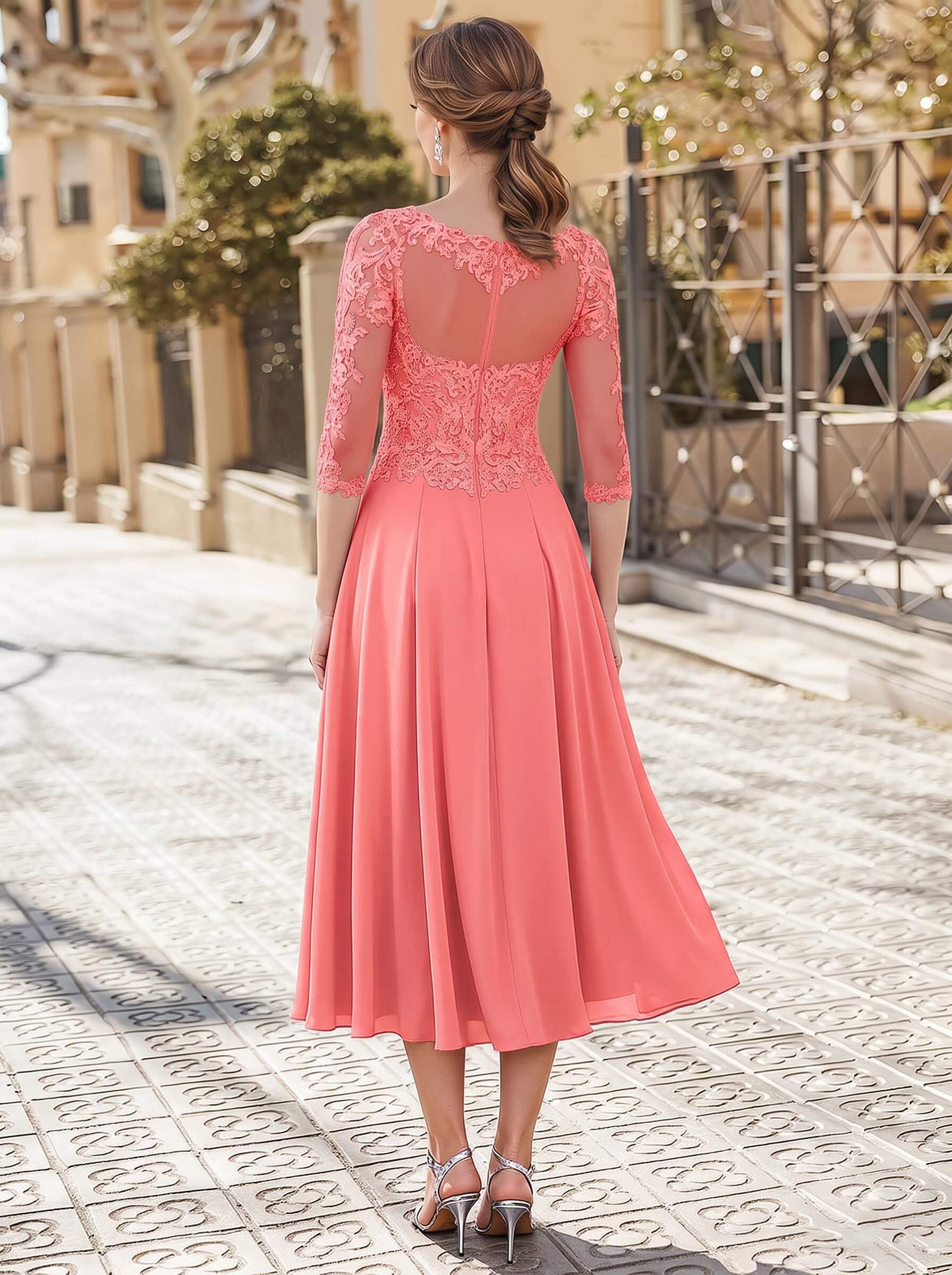 A-Line Illusion Neck 3/4 Sleeves Tea-Length Chiffon Mother Of The Bride Dresses With Appliques Lace