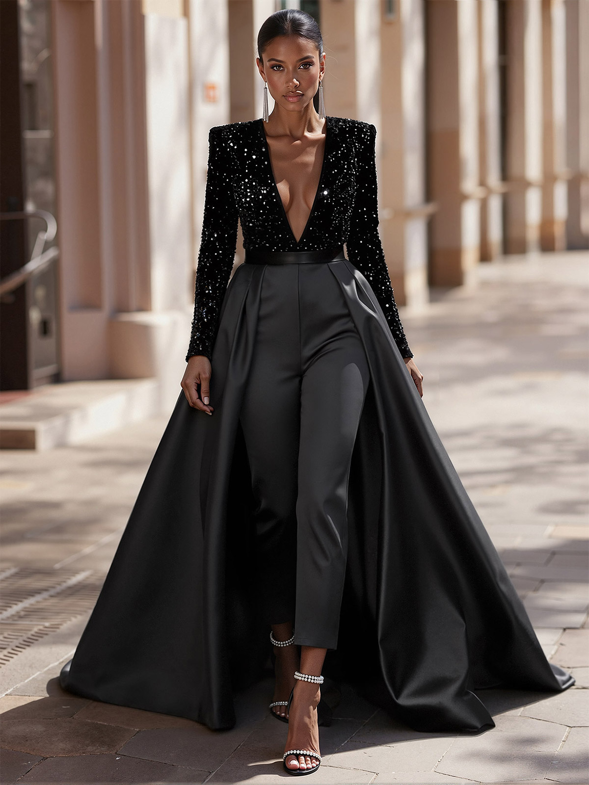 Jumpsuit/Pantsuit Plunge Neck Satin Long Sleeves Mother of the Bride Dresses
