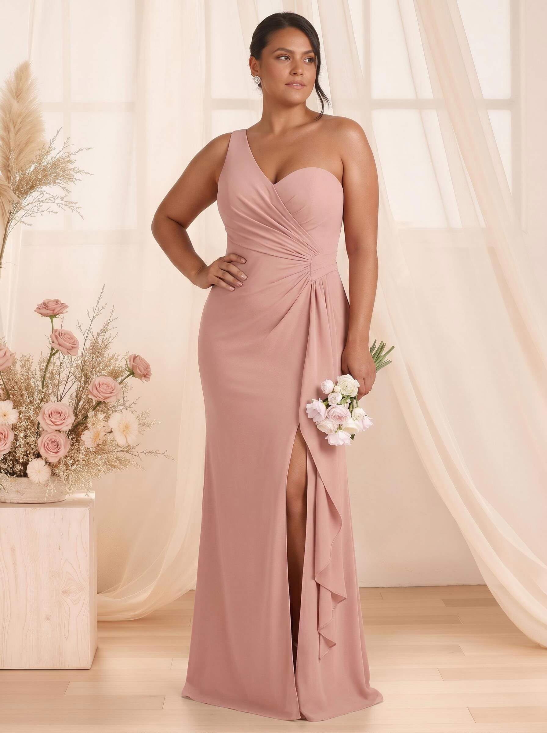 Flattering A-Line One-Shoulder Chiffon Bridesmaid With Split Front, product image 143