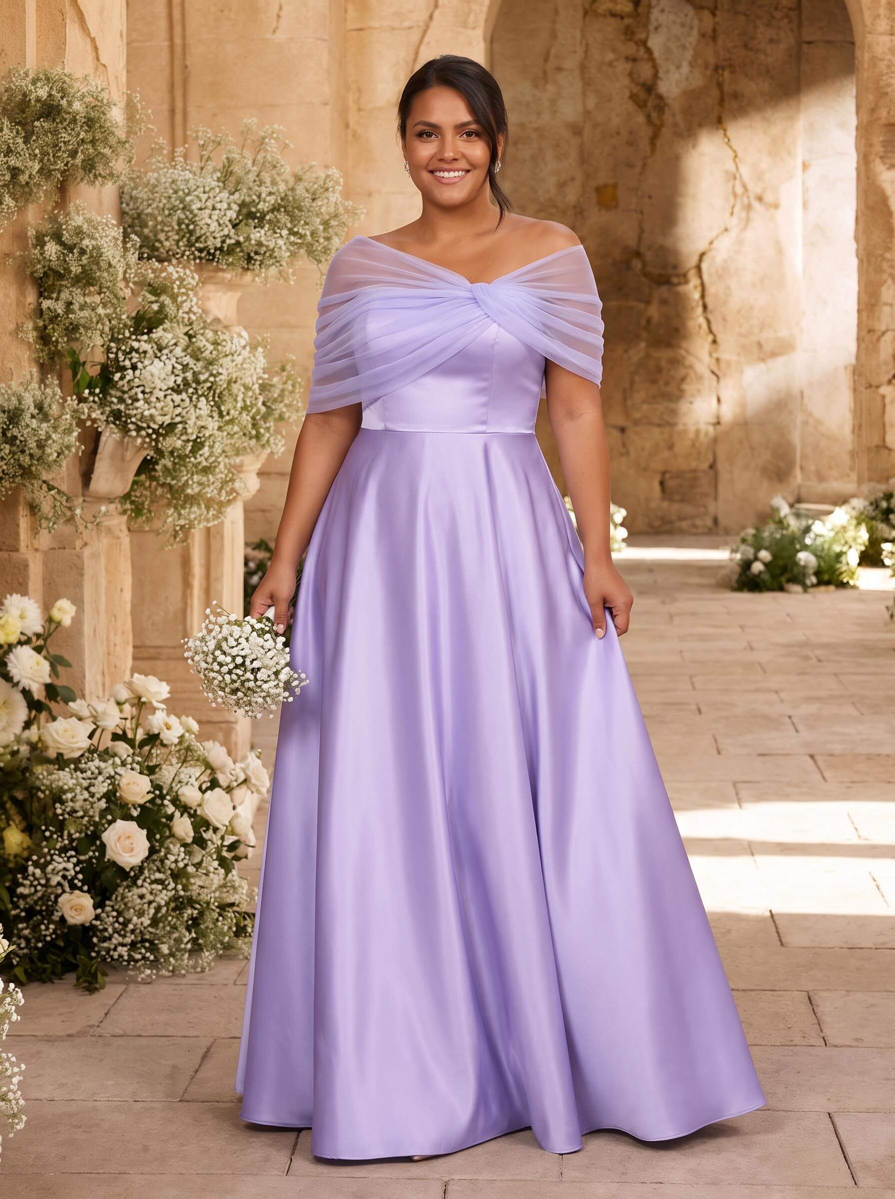 A-Line Asymmetrical Short Sleeves Sweep Train Satin Tulle Bridesmaid Dresses With Sweeping Side Drape, product image 138