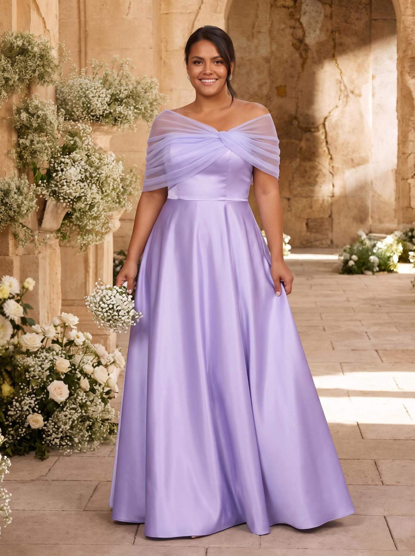 A-Line Asymmetrical Short Sleeves Sweep Train Satin Tulle Bridesmaid Dresses With Sweeping Side Drape, product image 138