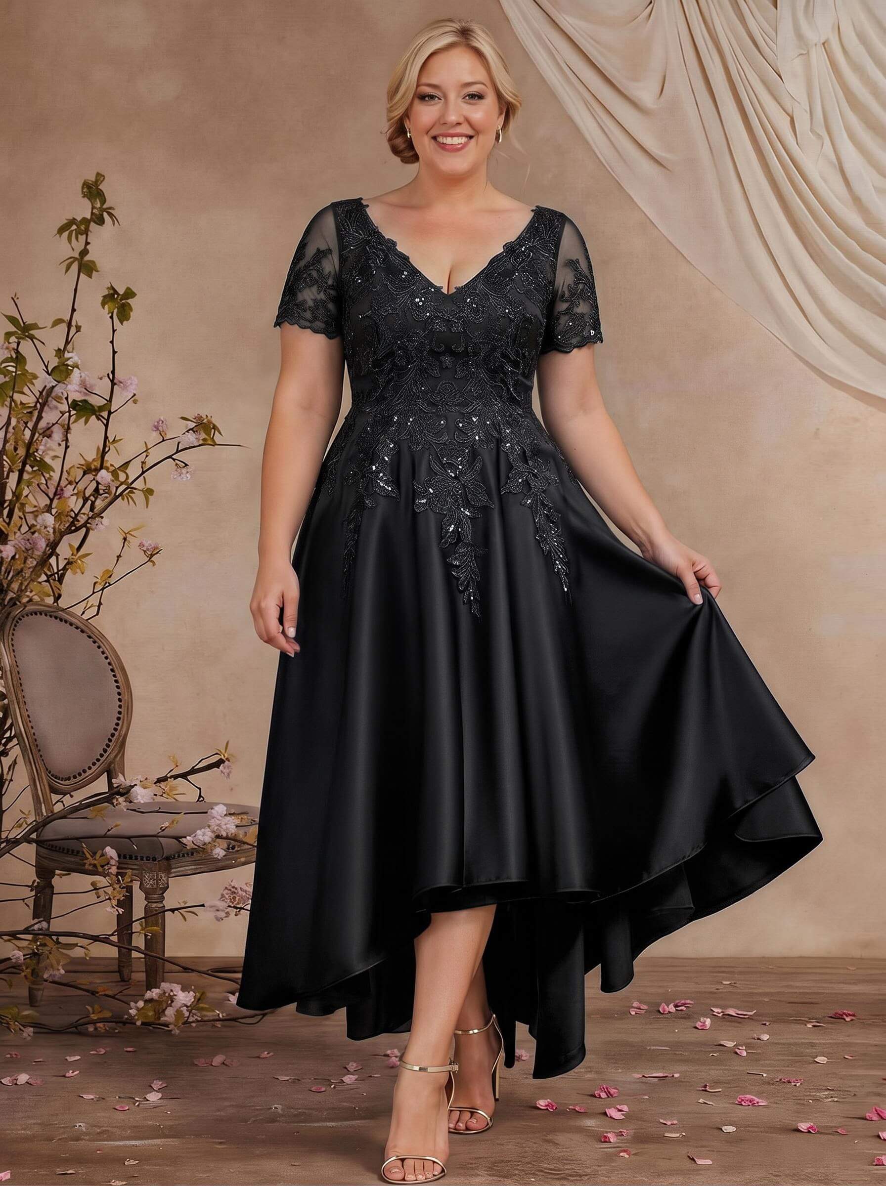 A-Line V-Neck Long Sleeves Asymmetrical Satin Mother Of The Bride Dresses With Appliques Lace