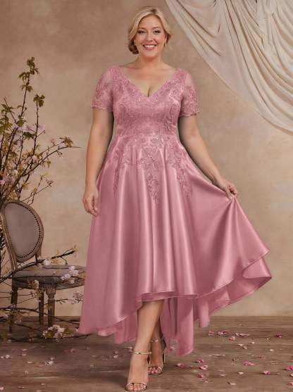 A-Line V-Neck Long Sleeves Asymmetrical Satin Mother Of The Bride Dresses With Appliques Lace