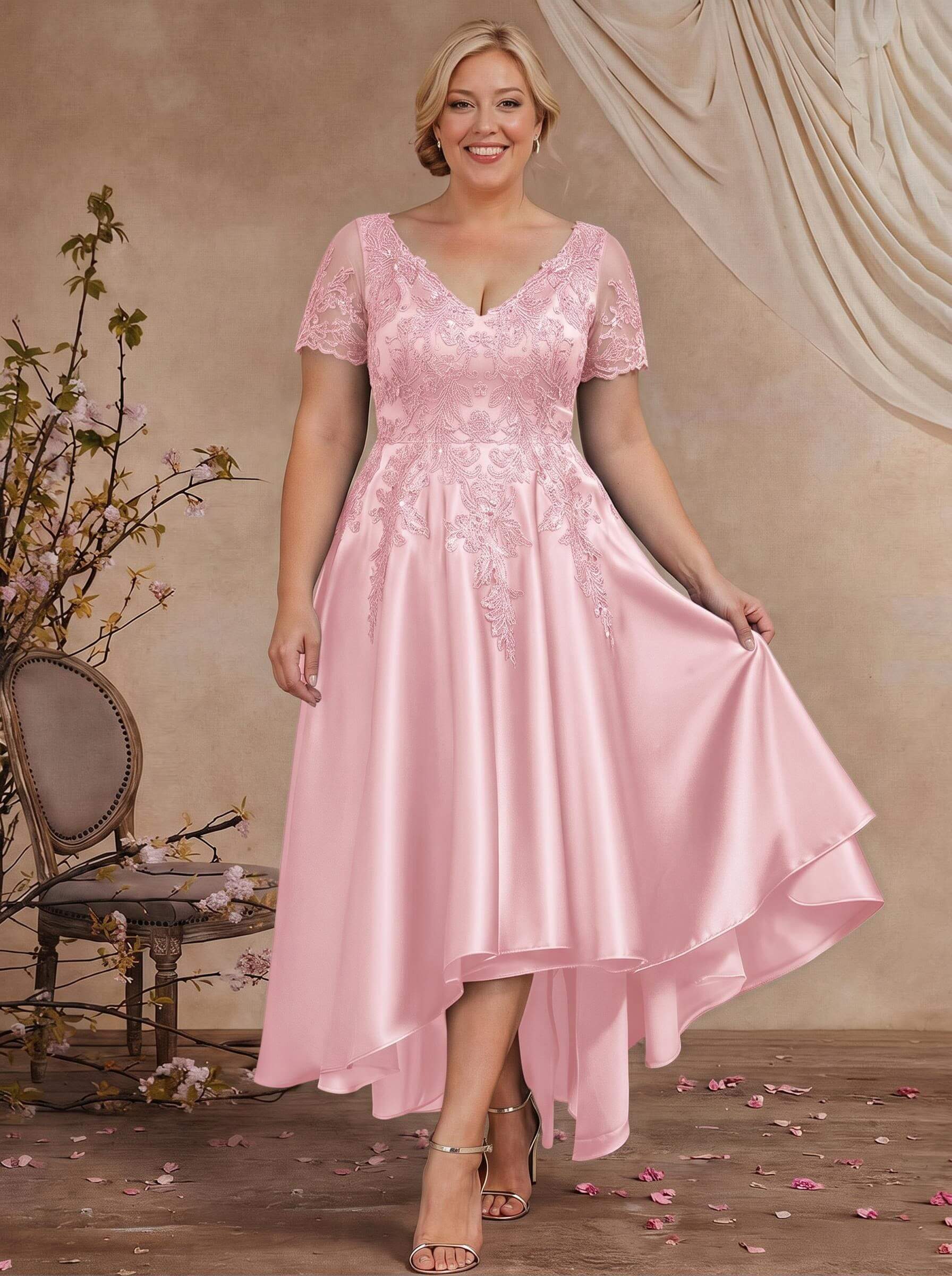 A-Line V-Neck Long Sleeves Asymmetrical Satin Mother Of The Bride Dresses With Appliques Lace